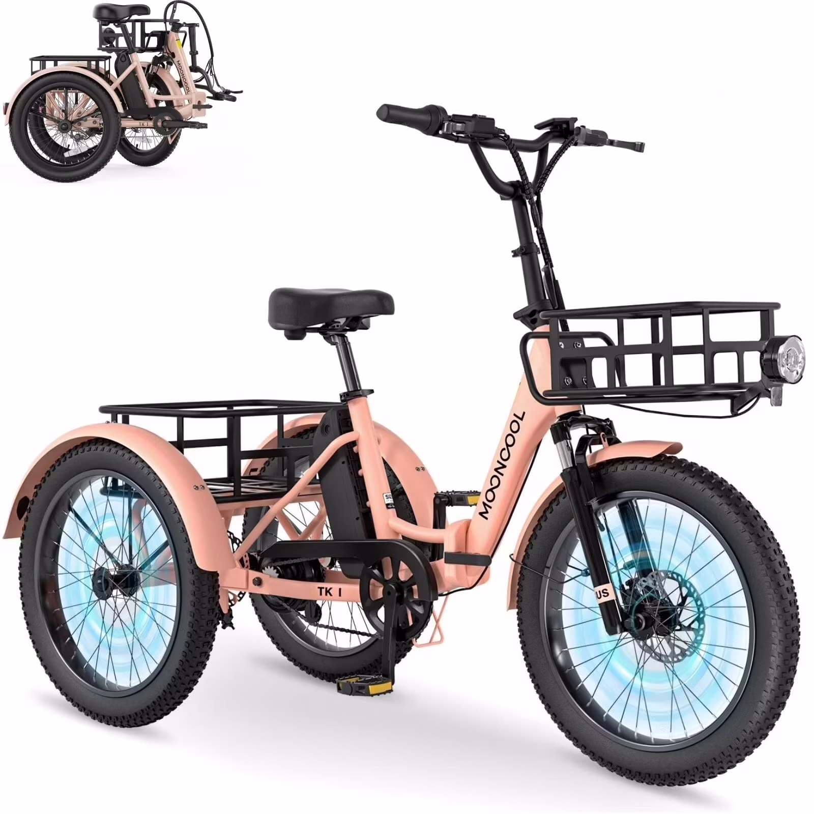 TK1 Folding Electric Tricycle for Adults,48V 14 5Ah Removable battery, 500W(Peak 1000w)Motor, 20" Fat Tire Step Thru 3Wheel Electric Bicycle w/FrontRear Baskets, Certified to UL 2849 by SGS(Orange) Image 3