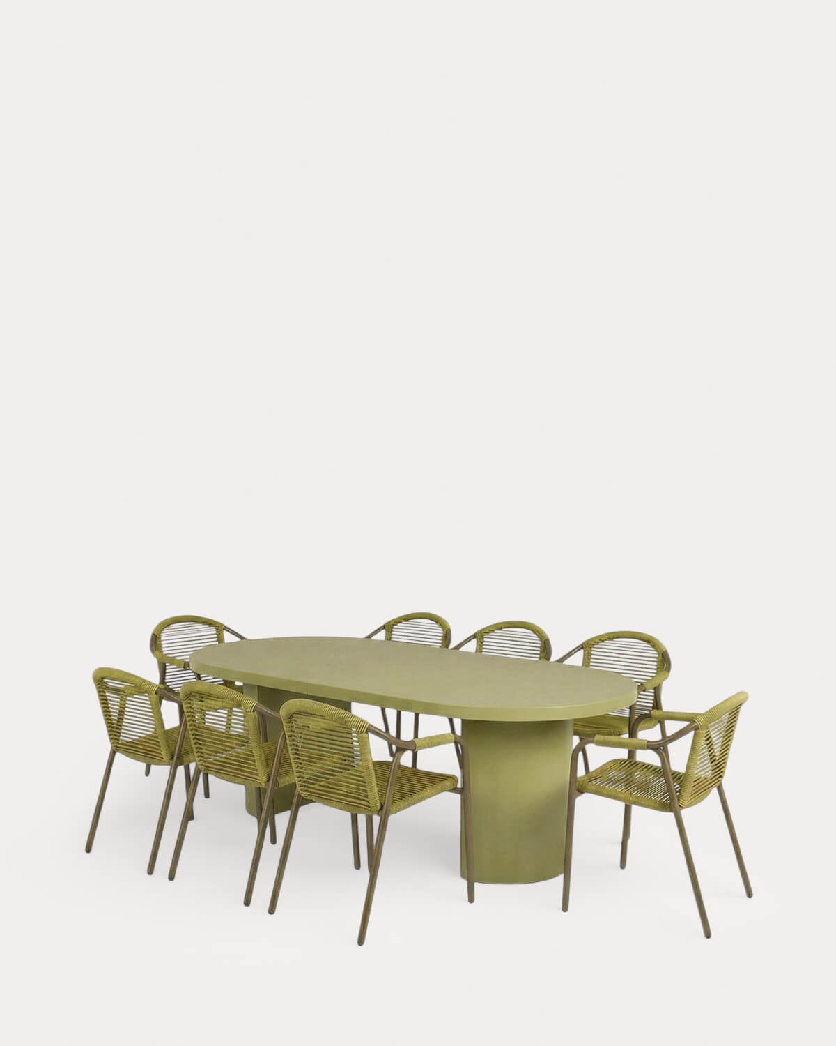 Set Beca - Murna - Set de Mesa Extensible (Ø120-240x120 cm) Beca y 8 Sillas con Reposabrazos de Metal y Cuerda Murna de Exterior
