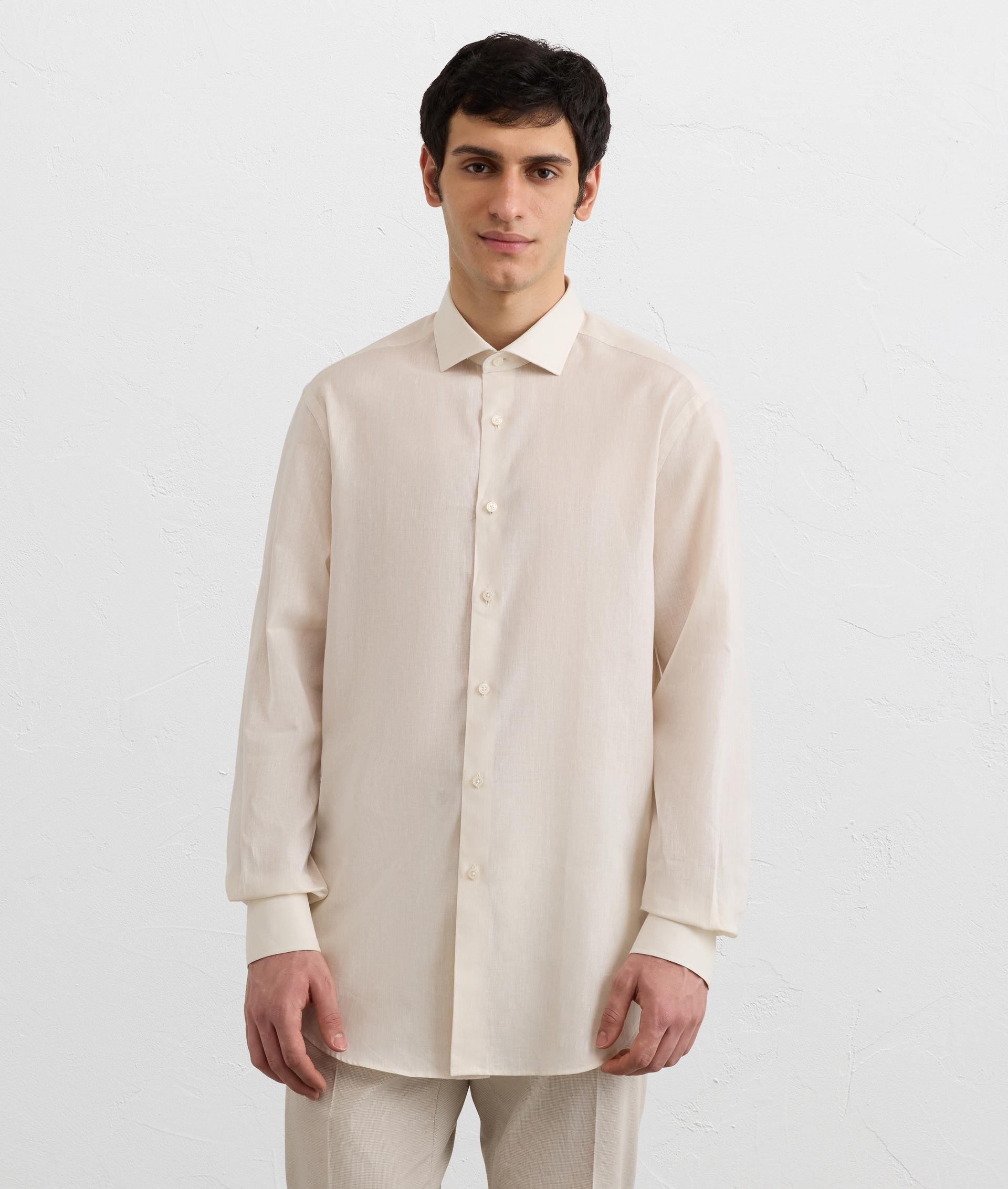 LIGHT BROWN SILK AND COTTON KNITTED SHORT SLEEVED POLO SHIRT WITH BUTTONS