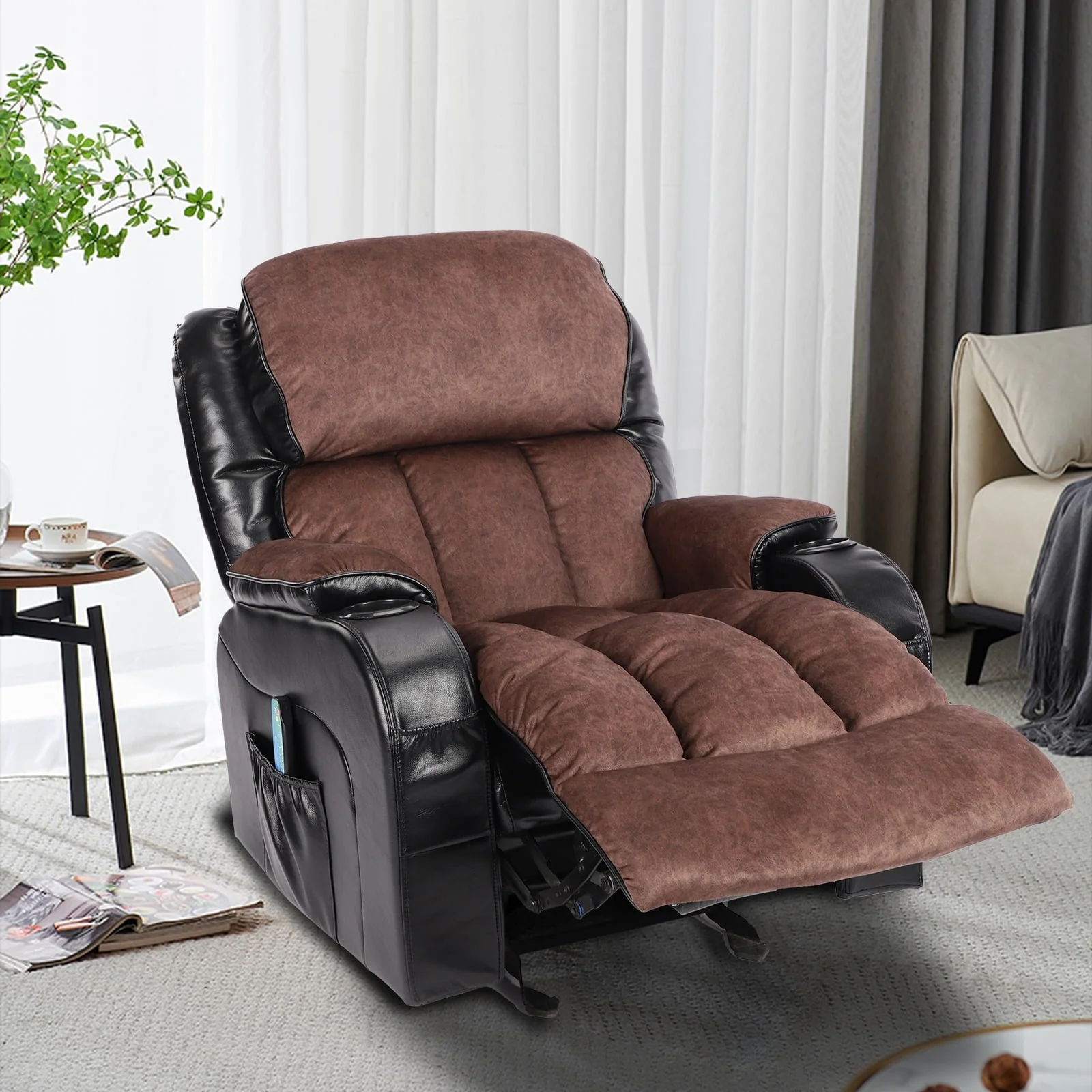 Leather Massage Recliner Chair, Modern Electric Power Rocker with Heated Massage, Ergonomic Lounge Chair, Single Sofa Seat with Drink Holders for Living Room, Black and Brown(Black) Image 5