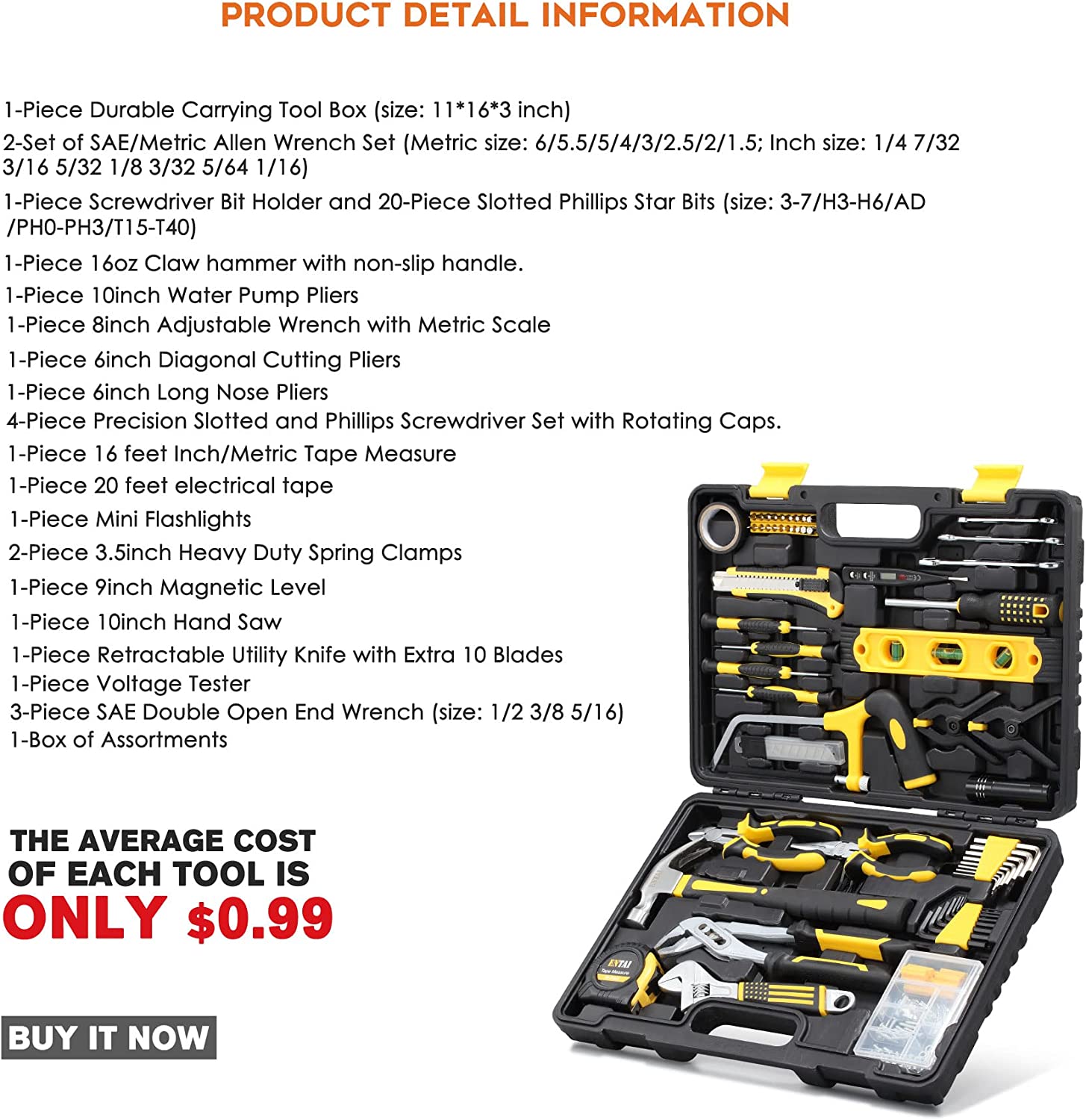 Coffret d'outils de 218 pièces pour la maison, ensemble d'outils à main pour la maison avec une mallette de transport robuste, kit d'outils de base pour l'entretien et la réparation de la maison