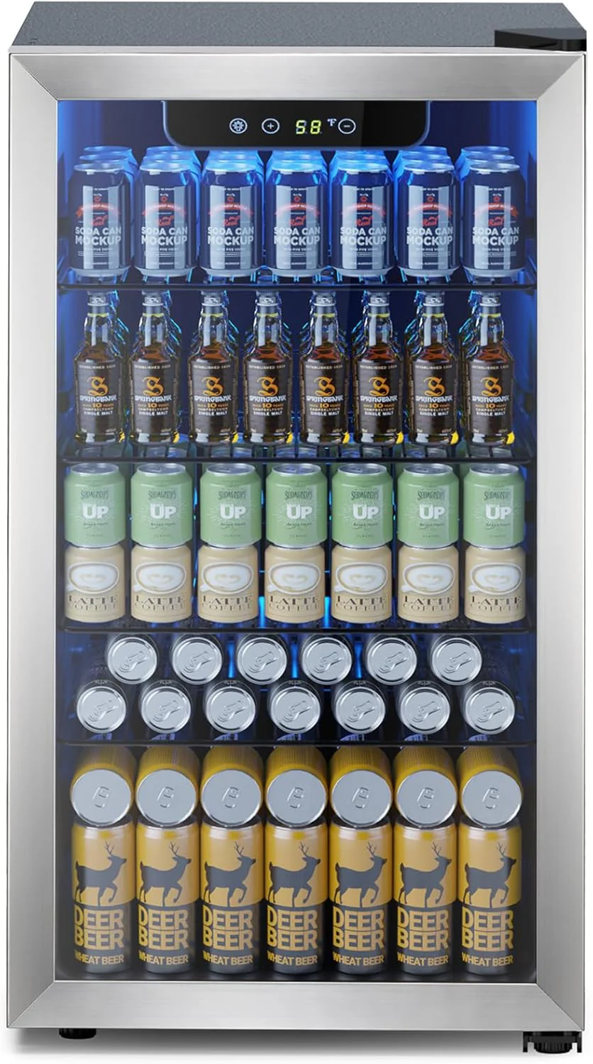 Mini-réfrigérateur à boissons 130 canettes, 3,2 pi³ (81 L) pour sodas, vin et bière, température réglable, noir, idéal pour la maison et le bureau.