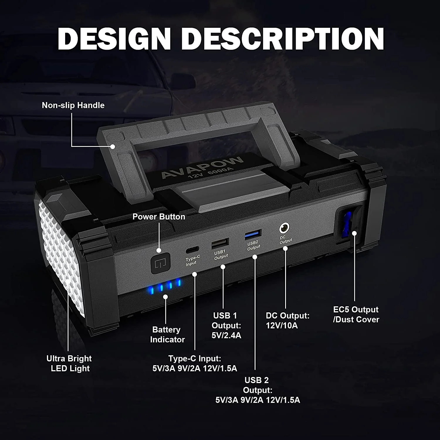 AVAPOW 6000A Car Battery Jump Starter(for All Gas or Upto 12 L Diesel) Powerful Car Jump Starter with Dual USB Quick Charge and DC Output, 12V Jump Pack with Built - in LED Bright Light