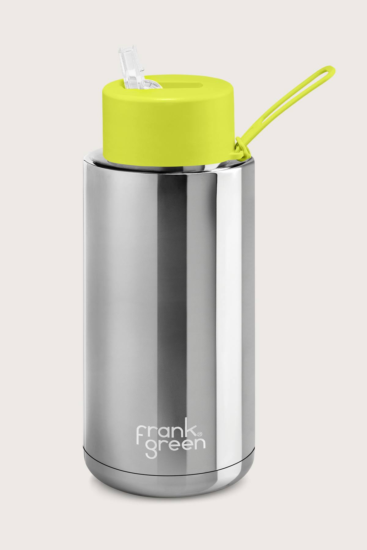 Frank Green Chrome Ceramic Reusable Water Bottle with Straw Lid, 34oz Capacity (Chrome Silver - Neon Yellow Lid)