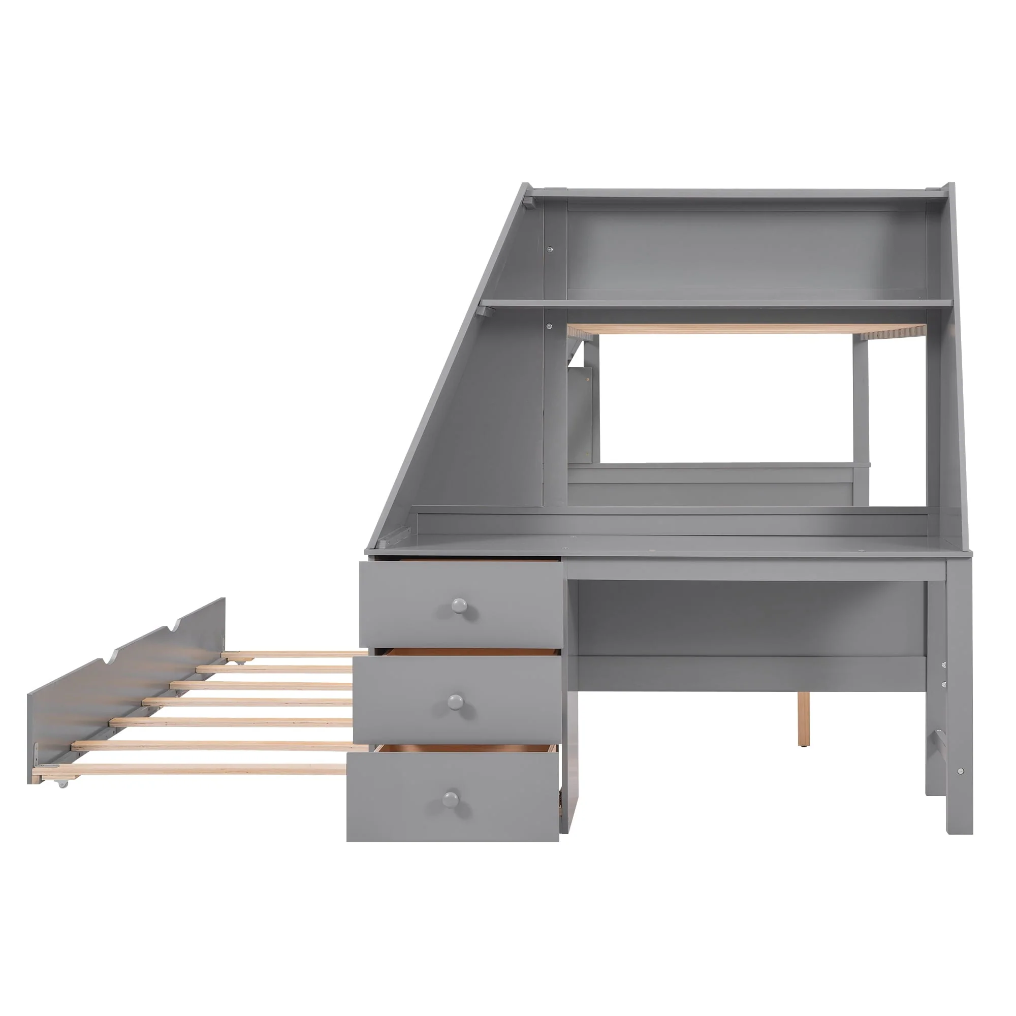 Twin over Full Bunk Bed with Trundle, Built-in Desk with Bookcase and 3 Drawers for Kids, Gray - Image 9