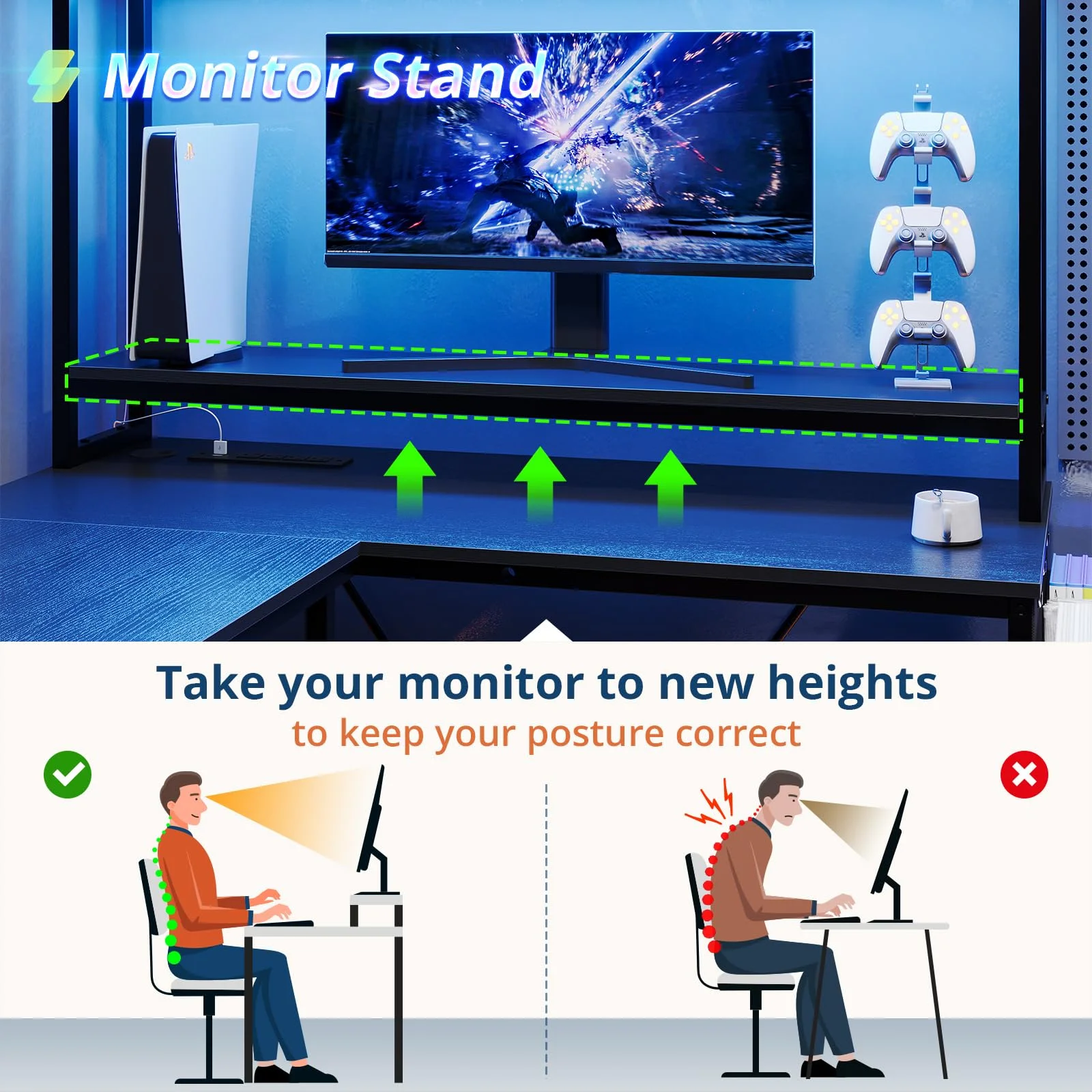 L Shaped Computer Desk with Power Outlet and LED Strip, Reversible Corner Gaming Desk with 2 Drawer and Keyboard Tray, Black - Image 7