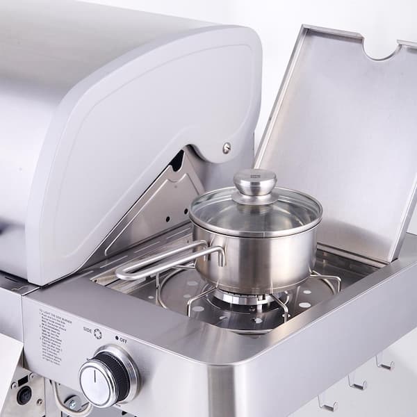 6-Burner Propane Gas Grill in Stainless with LED Controls. Side Burner and Rotisserie Kit