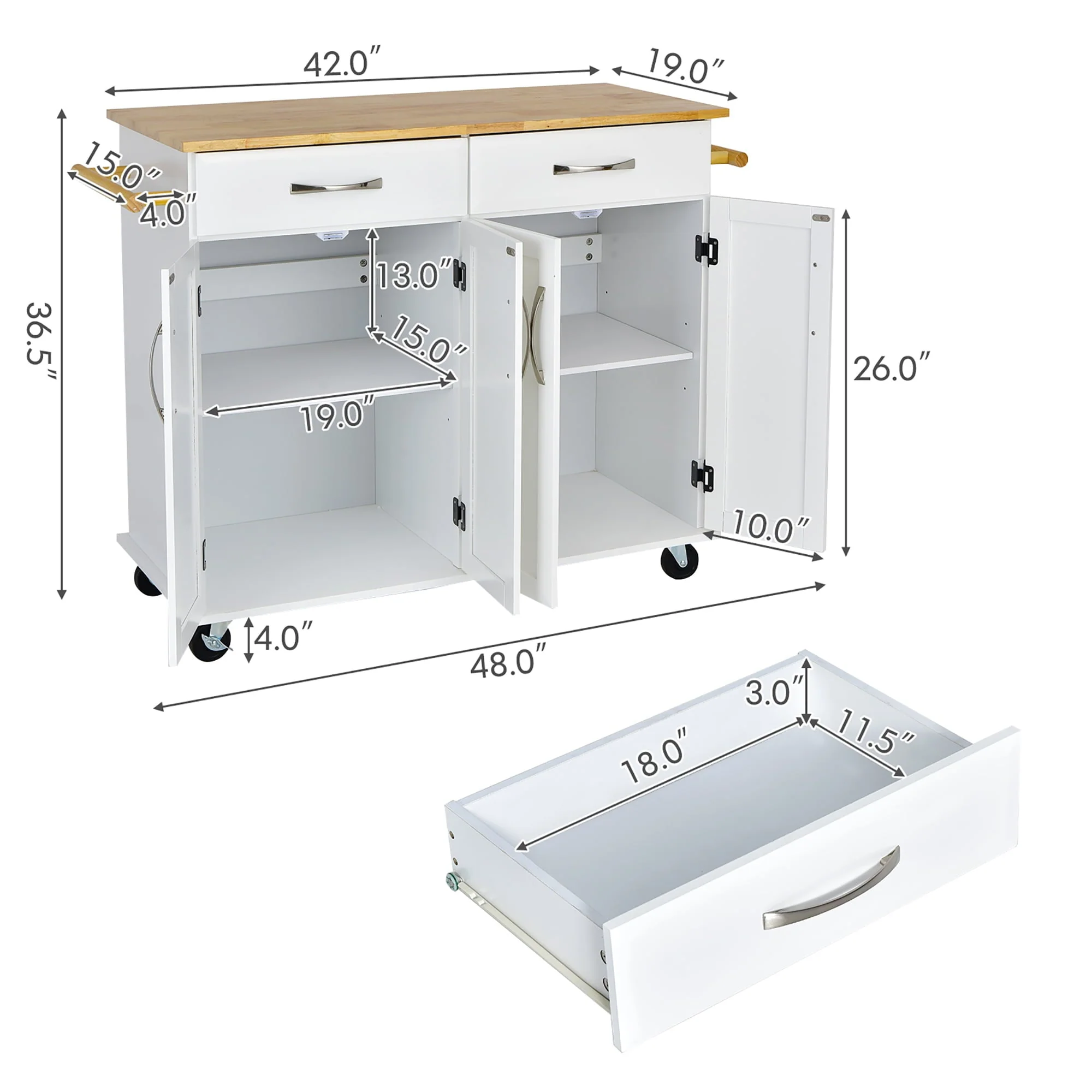 Costway 4-Door Rolling Kitchen Island Cart Buffet Cabinet w/ Towel Racks Drawers White