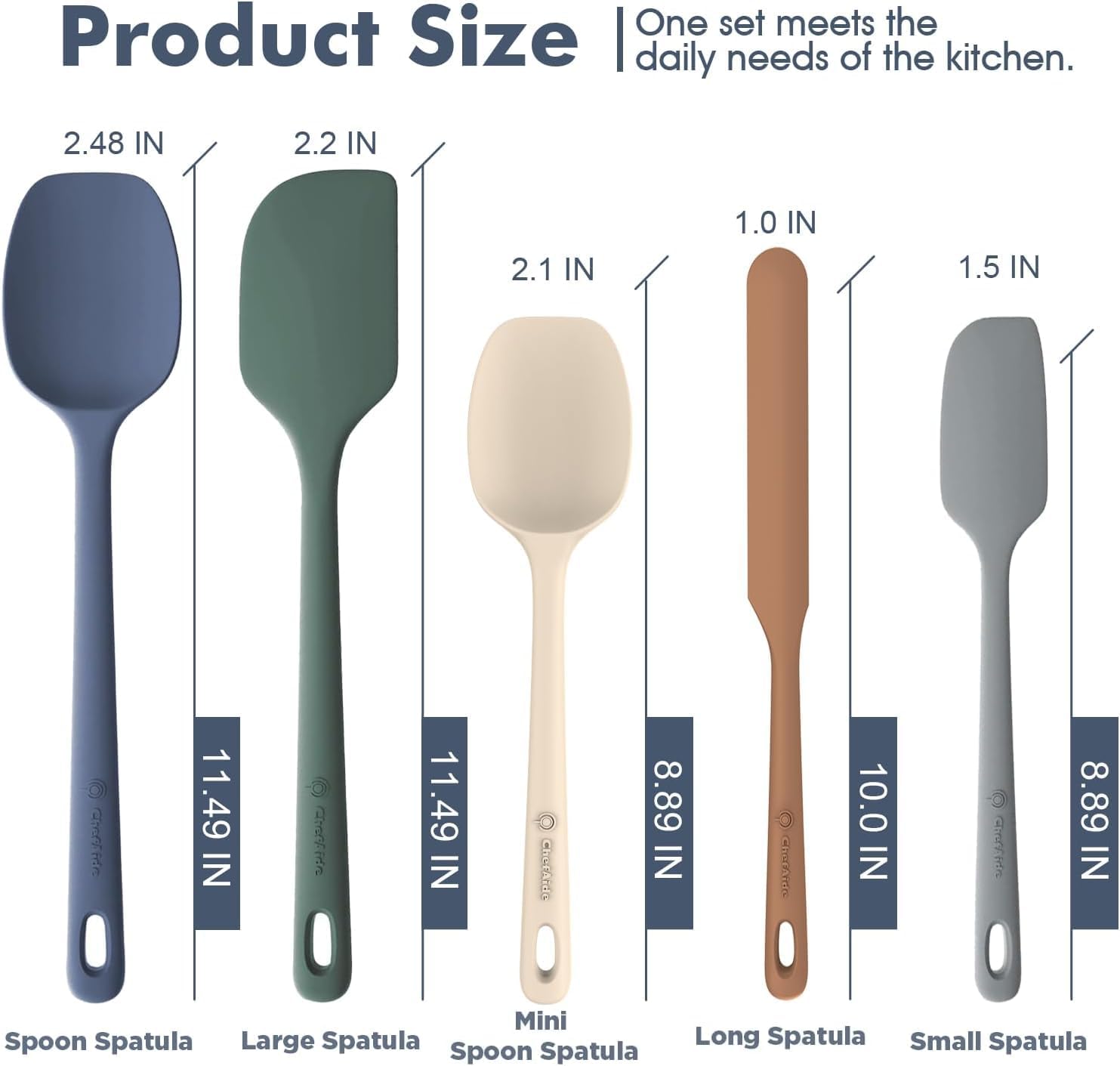 ChefAide 5 Pieces Silicone Spatula Set, Food Grade Rubber Spatula, Upgraded Strong Handle with Ergonomic Grip, Heat Resistant Up to 600°F for Nonstick Cookware, Cooking
