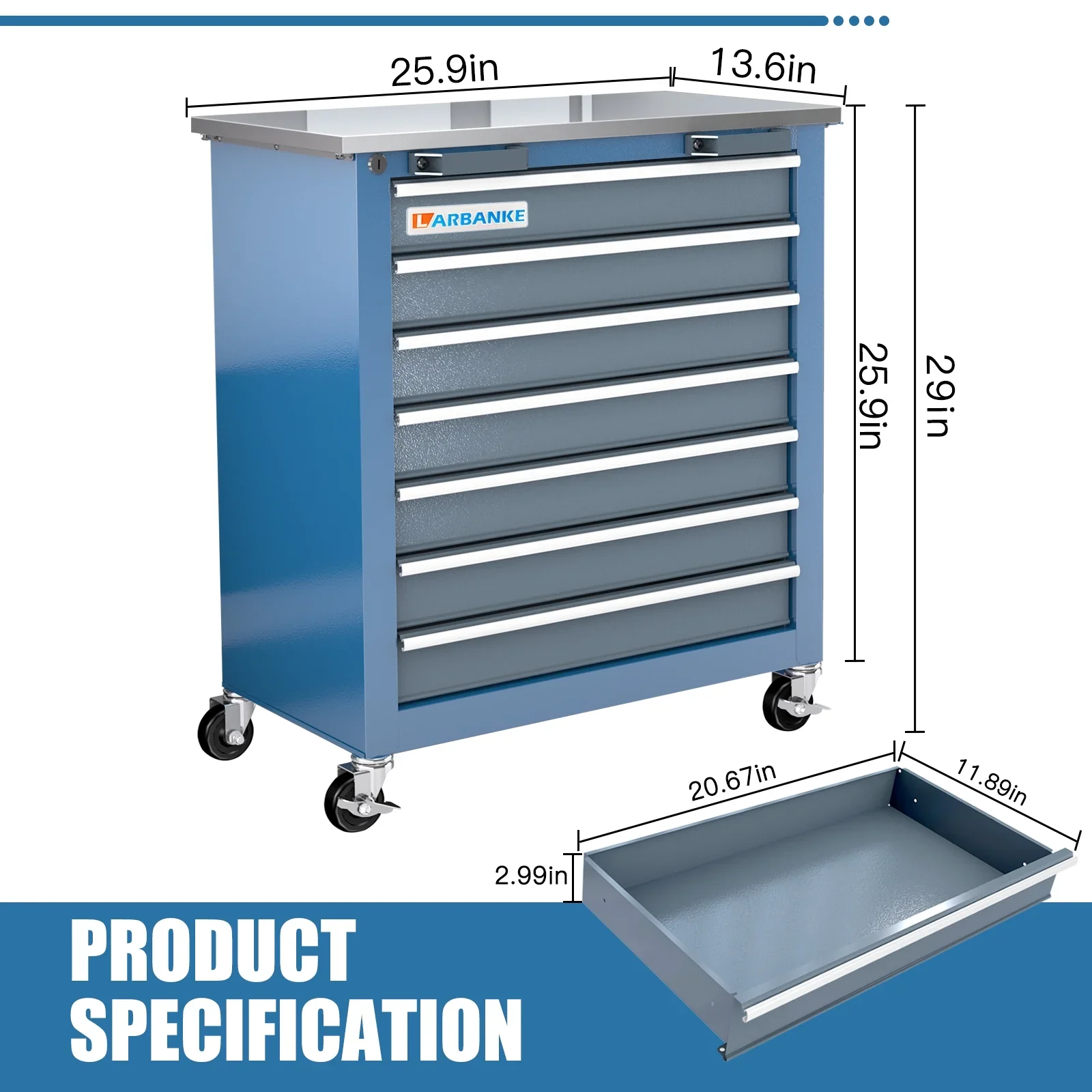 Rolling Tool Chest 5-Drawer Tool Cabinet with Stainless Steel Top Key Lock Heavy-Duty