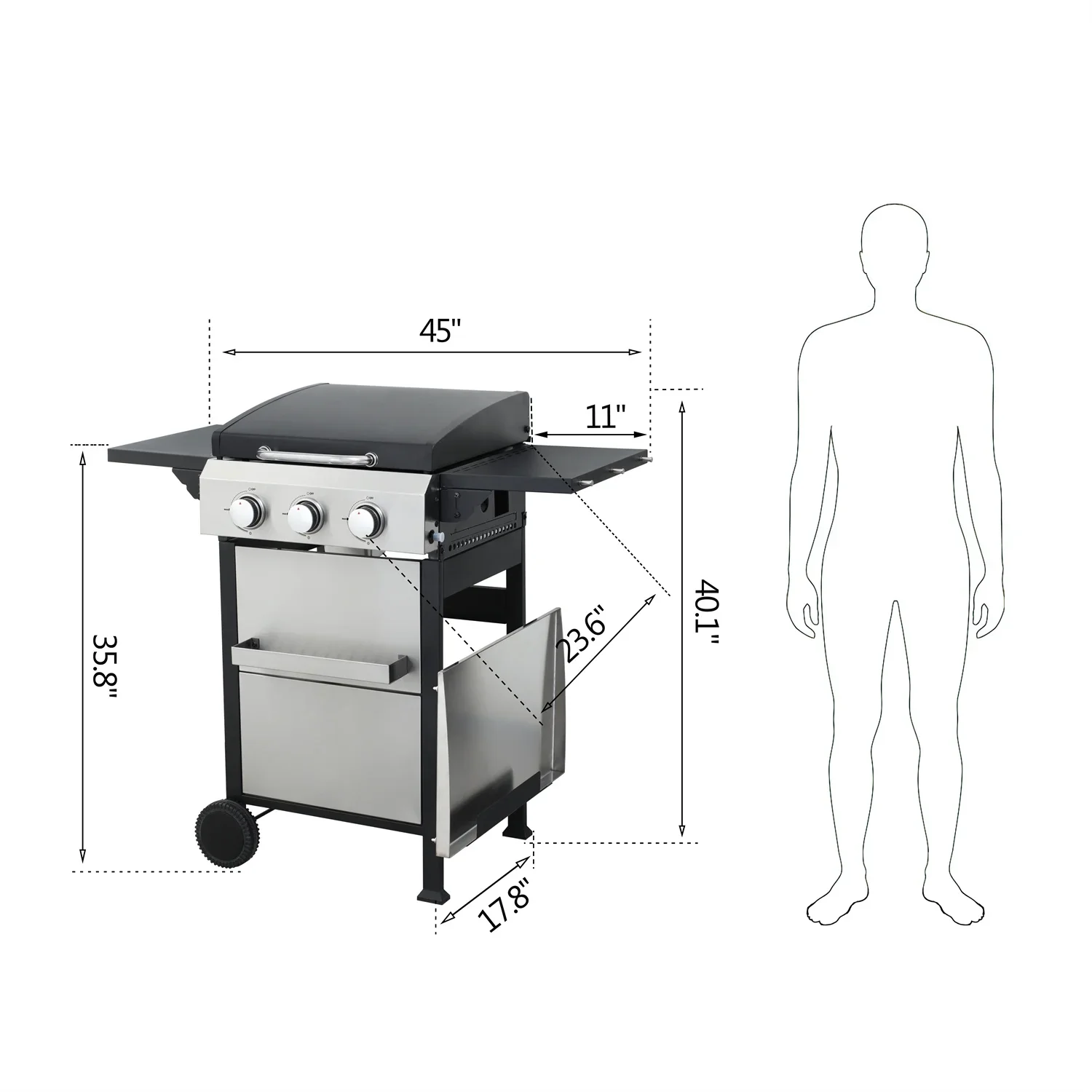 HighSound 2-Burner Propane Gas Grill, 24600 BTU Patio Garden Barbecue Grill with Stainless Steel Tray, Wire Enamel Cooking Grids & Foldable Shelves, Black