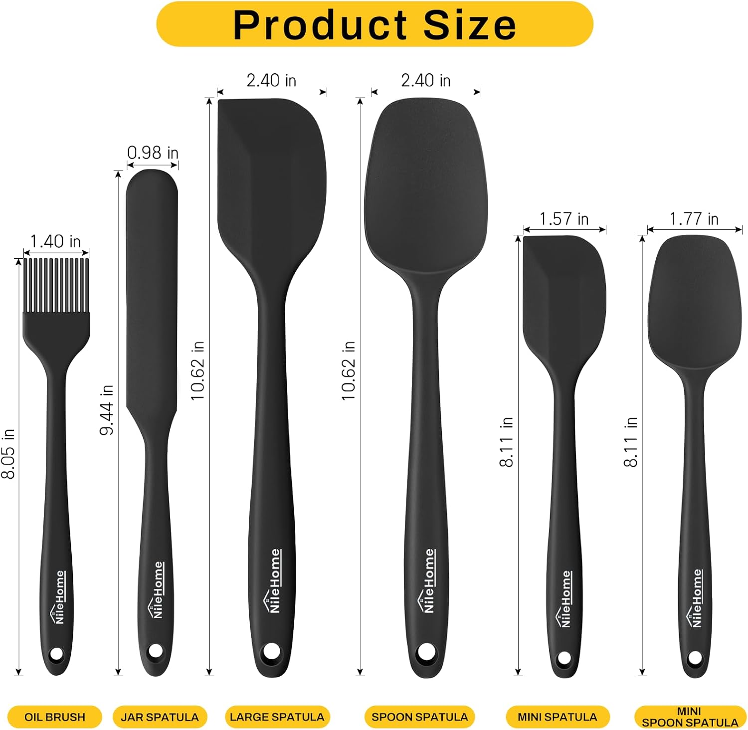 NileHome 6 Pieces Silicone Spatula Set with Silicone Brush, Mixing-Black