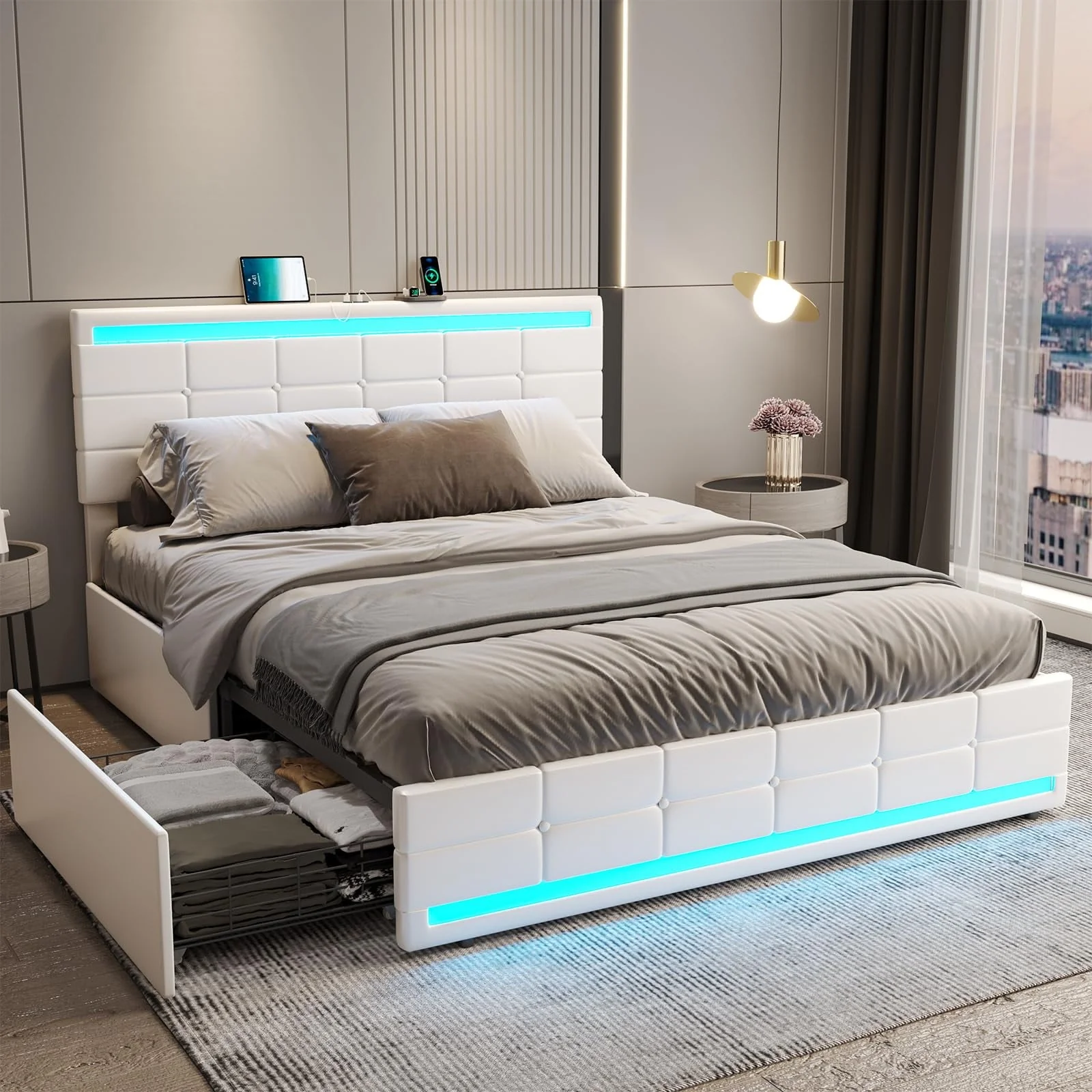 Queen Platform Bed Frame with 4 Drawers Storage and Headboard, Pu Leather Upholstered LED Bed Frame with 2 USB Charging Station & Wood Slat Support, White