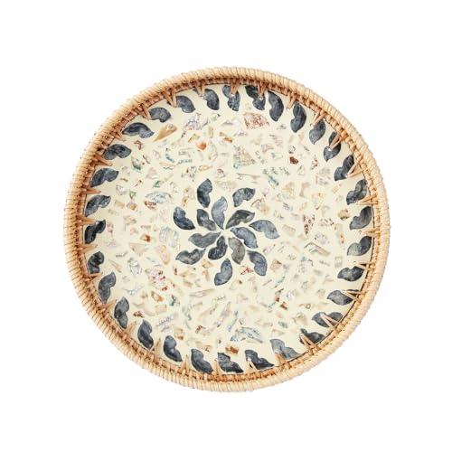 Rattan Serving Tray With Mother Of Pearl, Round Coffee Table Tray Decor, Round Wicker Tray, Boho Decorative Tray, Woven Tray (Lucky Flower, 11.8