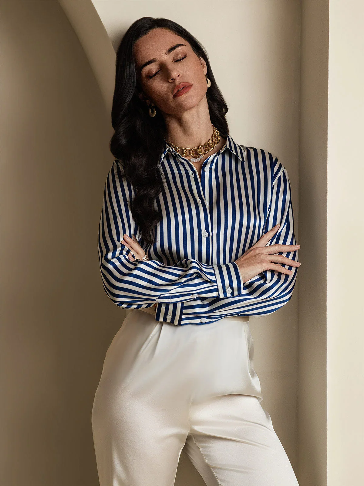 19Momme Silk Long Sleeve Lapel Collar Women's Shirt with Button Up Design