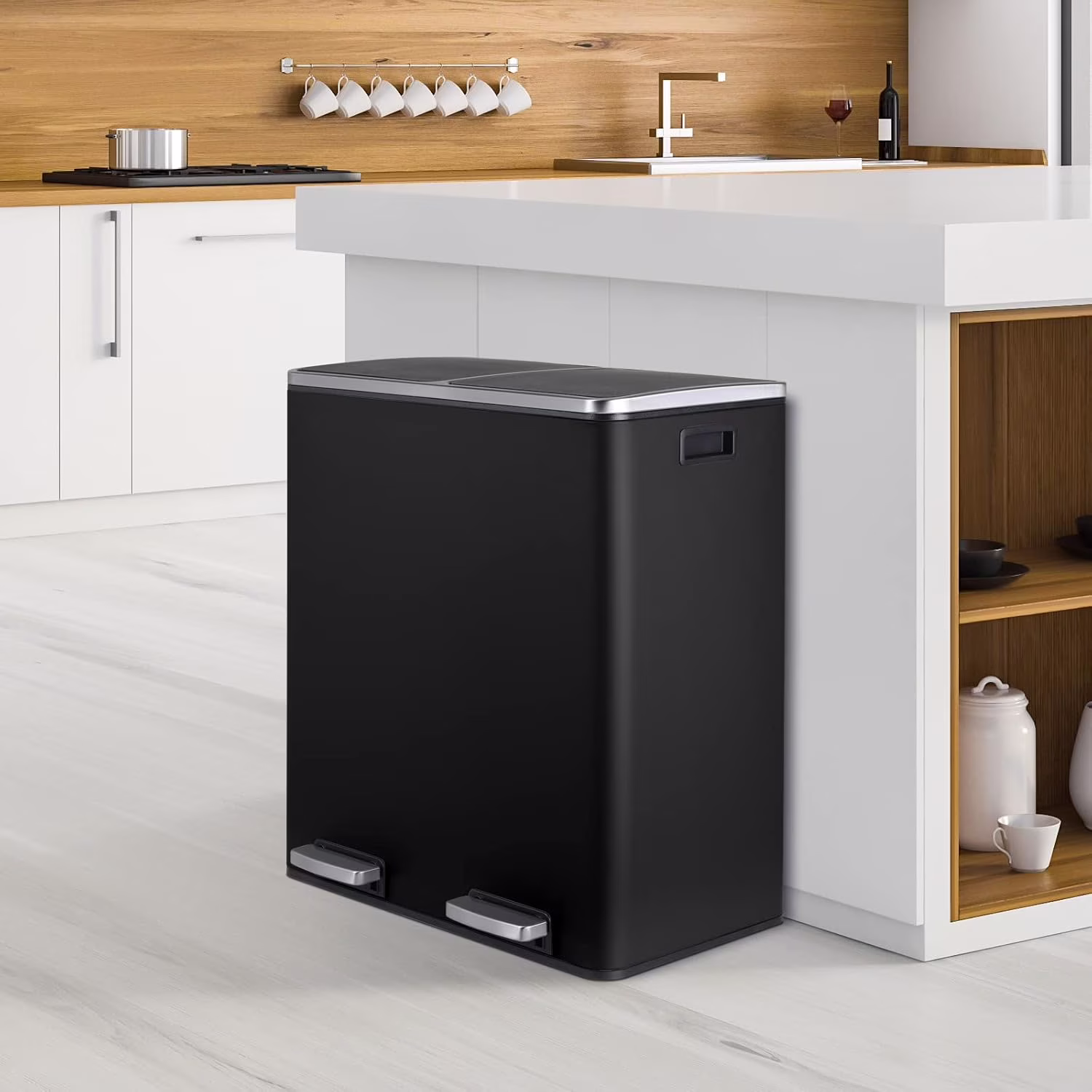60 L/16 gal Dual Trash Can, Stainless Steel Garbage Can for Kitchen, Recycle Bin with Lid(Black)
