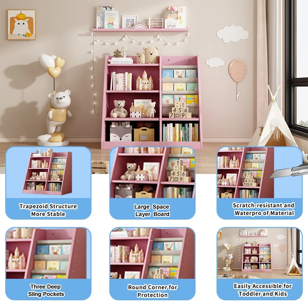 Montessori Kid Bookshelf, Modern Wood Bookcase 4 Tier Children Book Rack Display Toy Storage Organizer Sling Book Rack for Classroom Bedroom Nursery Playroom (Pink)(Pink) - Image 6