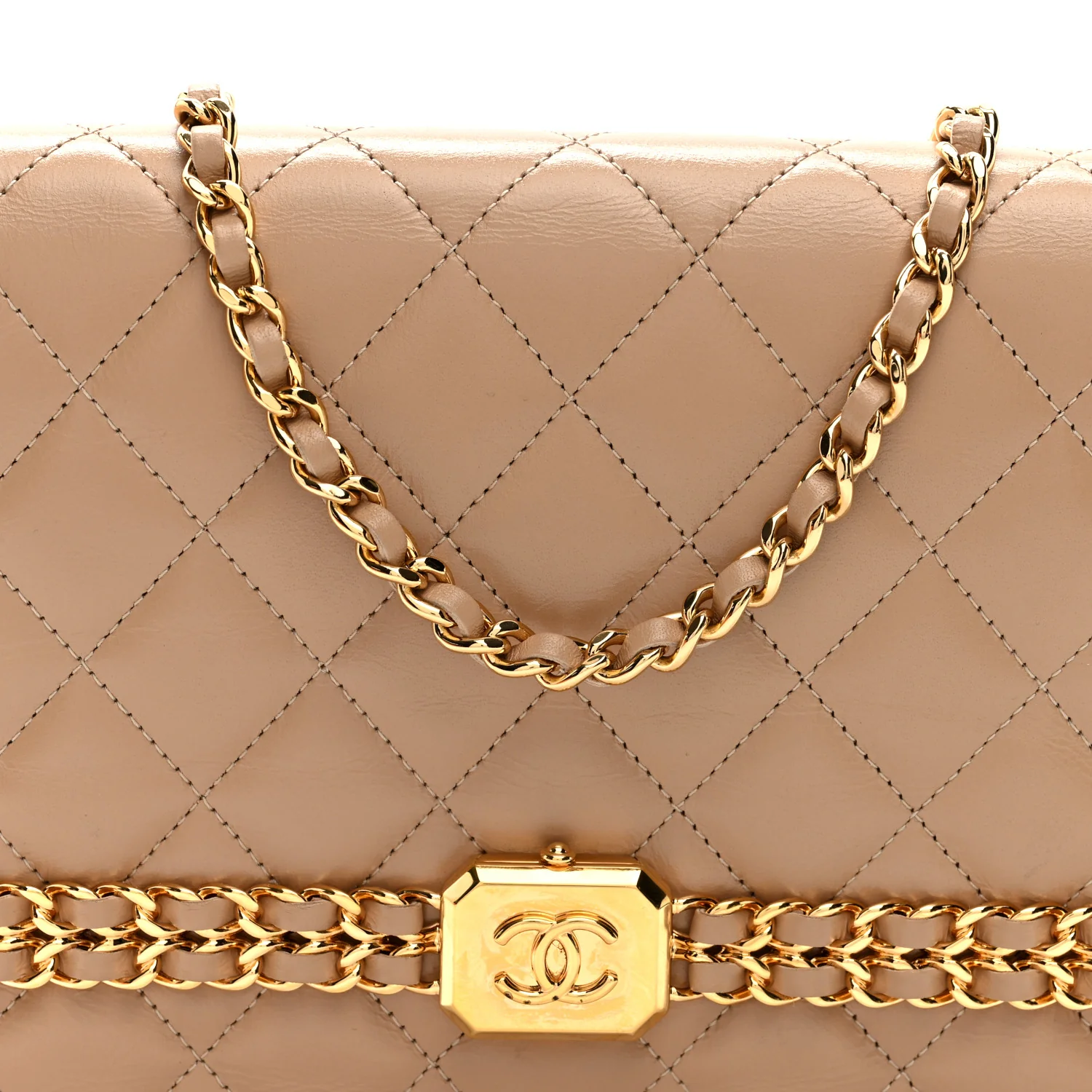 Shiny Aged Calfskin Quilted Clutch With Chain Dark Beige