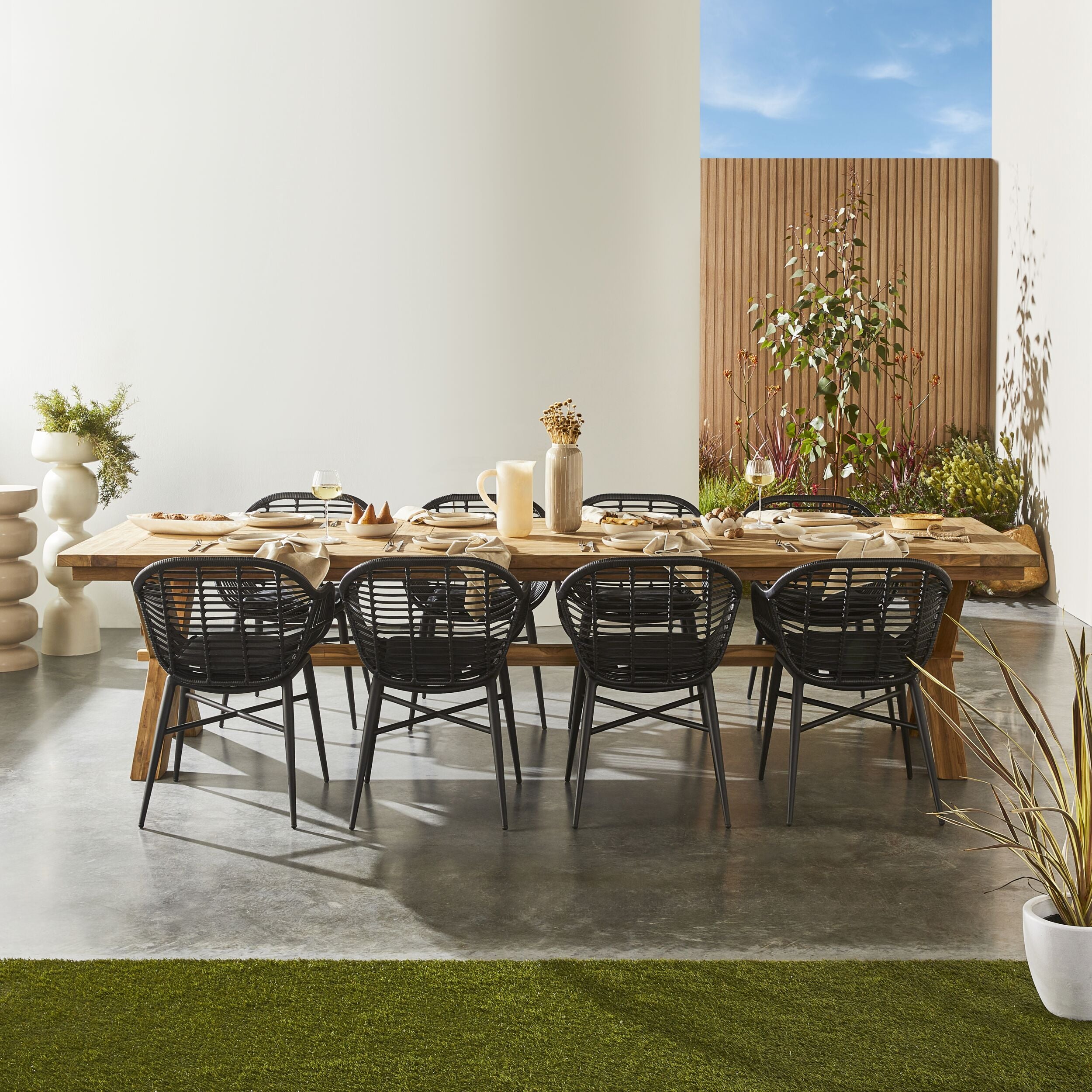 Reclaimed Teak Dining Table 320cm with 8 Black Wicker Deck Chairs