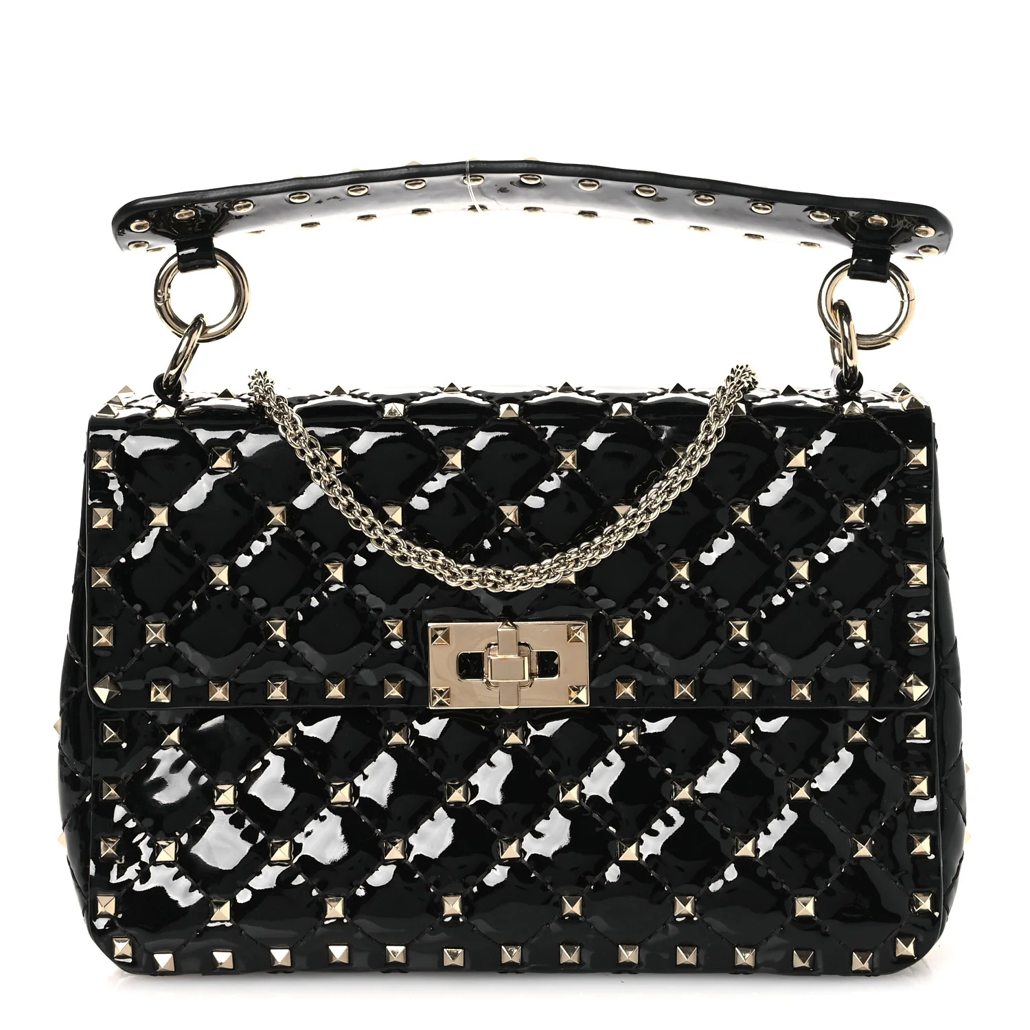 Patent Medium Rockstud Spike Shoulder Bag Black