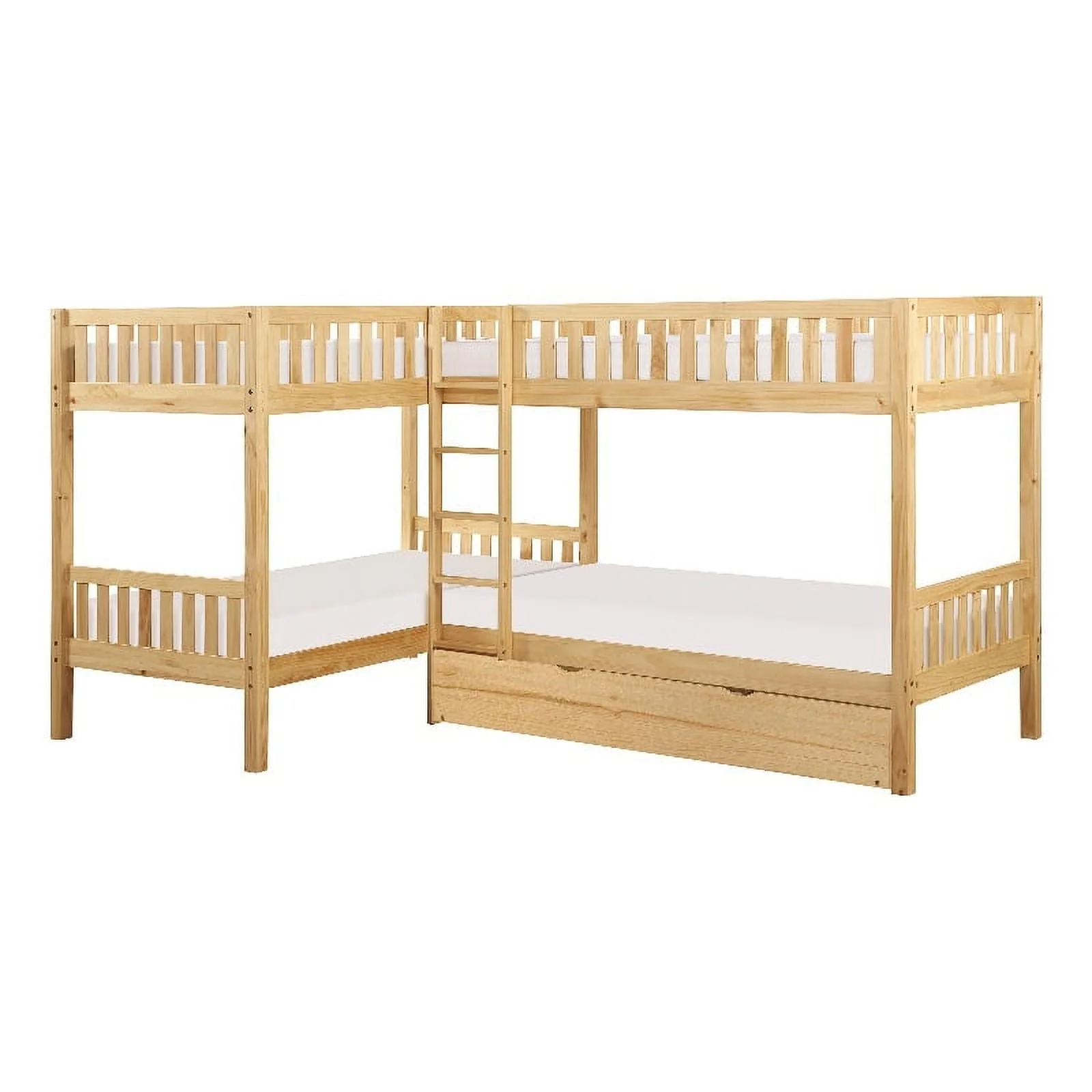 Contemporary Wood Corner Bunk Bed with Twin Trundle in Natural Pine
