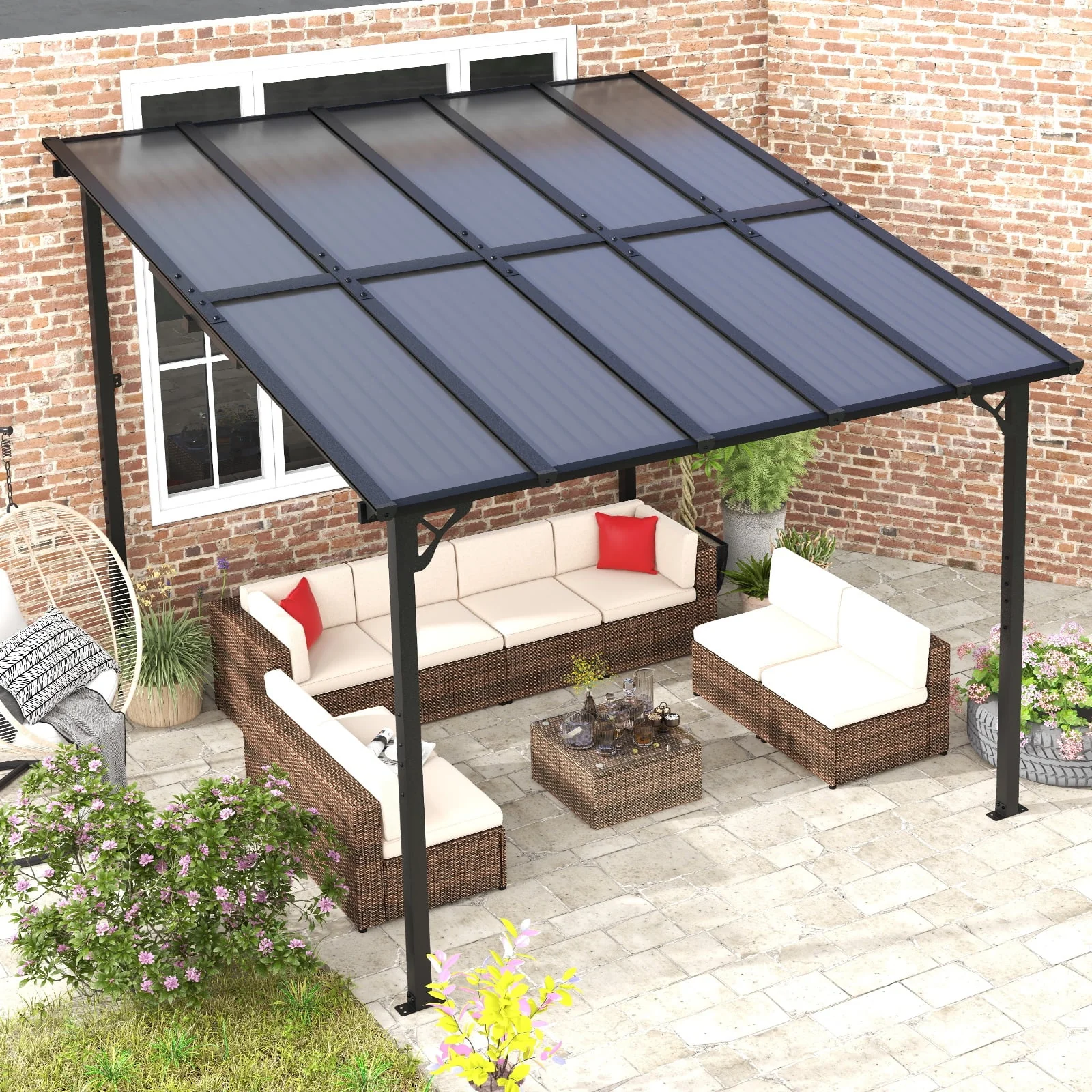 JolyDale 10��x 10�� Hardtop Gazebo, Outdoor Wall-mounted Pergola for Garden, Patio, Backyard, Gray