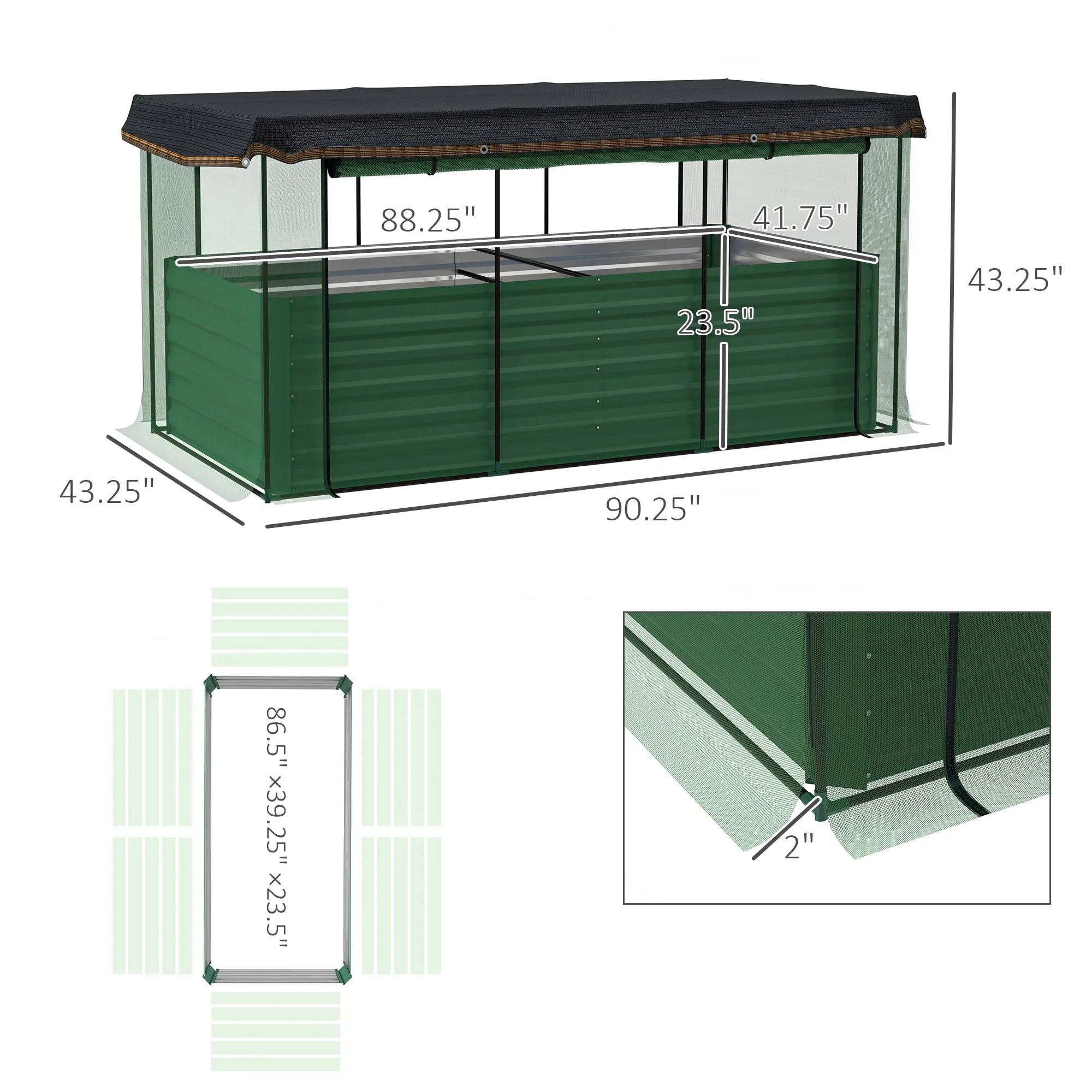 Outsunny Galvanized Raised Garden Bed, Planter Box with Crop Cage and Shade Cloth, Green