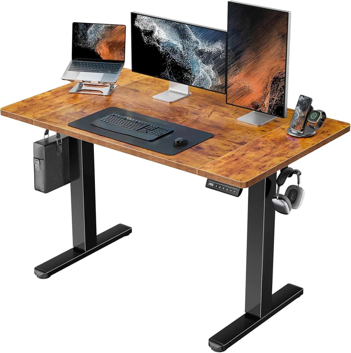48 x 24 inch Electric Standing Desk, Height Adjustable Table with Headphone Hooks Cable Manager, Sit to Stand up Desk for Home Office, Vintage Brown(48" x 24"/Black) - Image 8