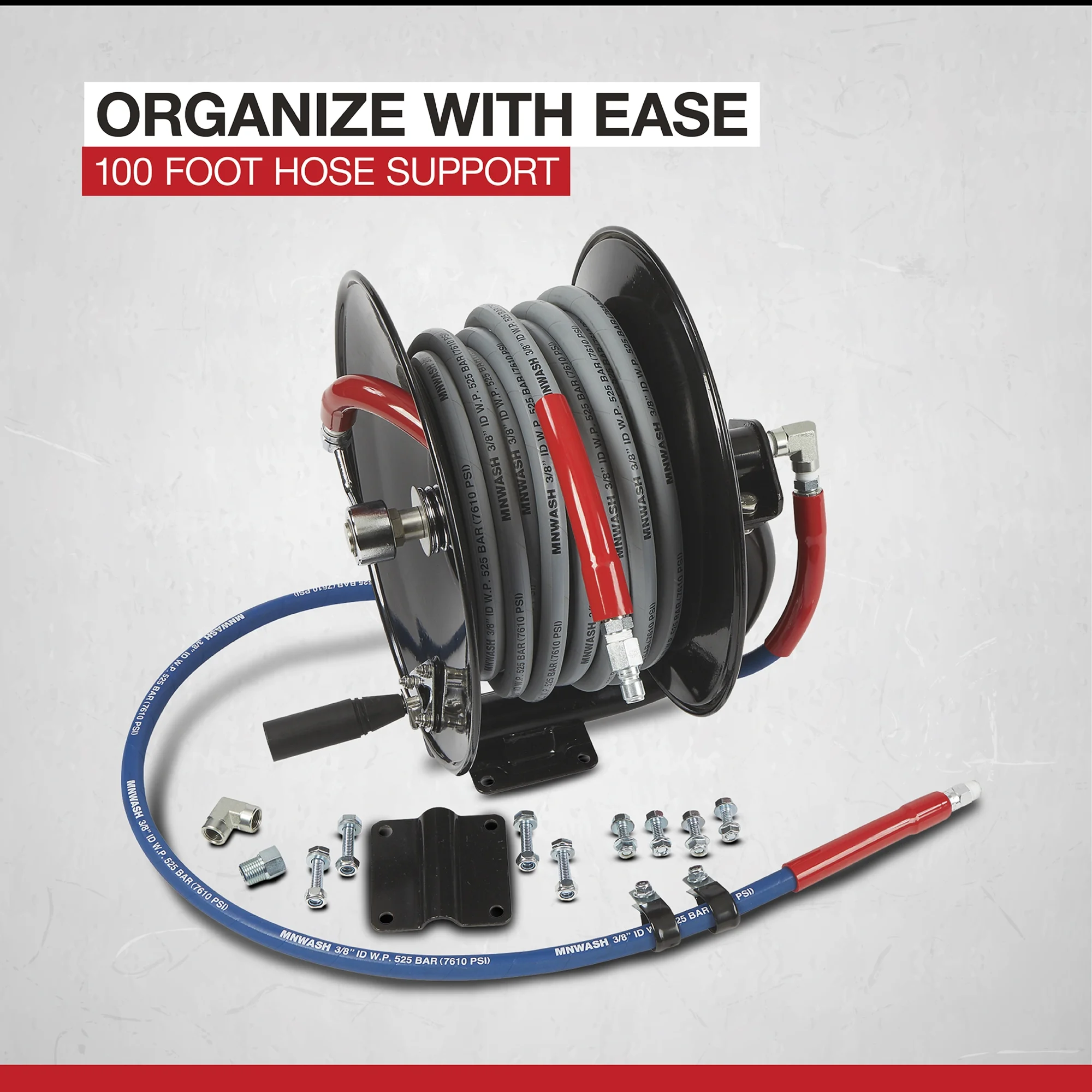 Northstar Pressure Washer Hose Reel with 50ft. Steel - Braided Hose, 3/8in. x 100ft. Capacity, 5000 PSI
