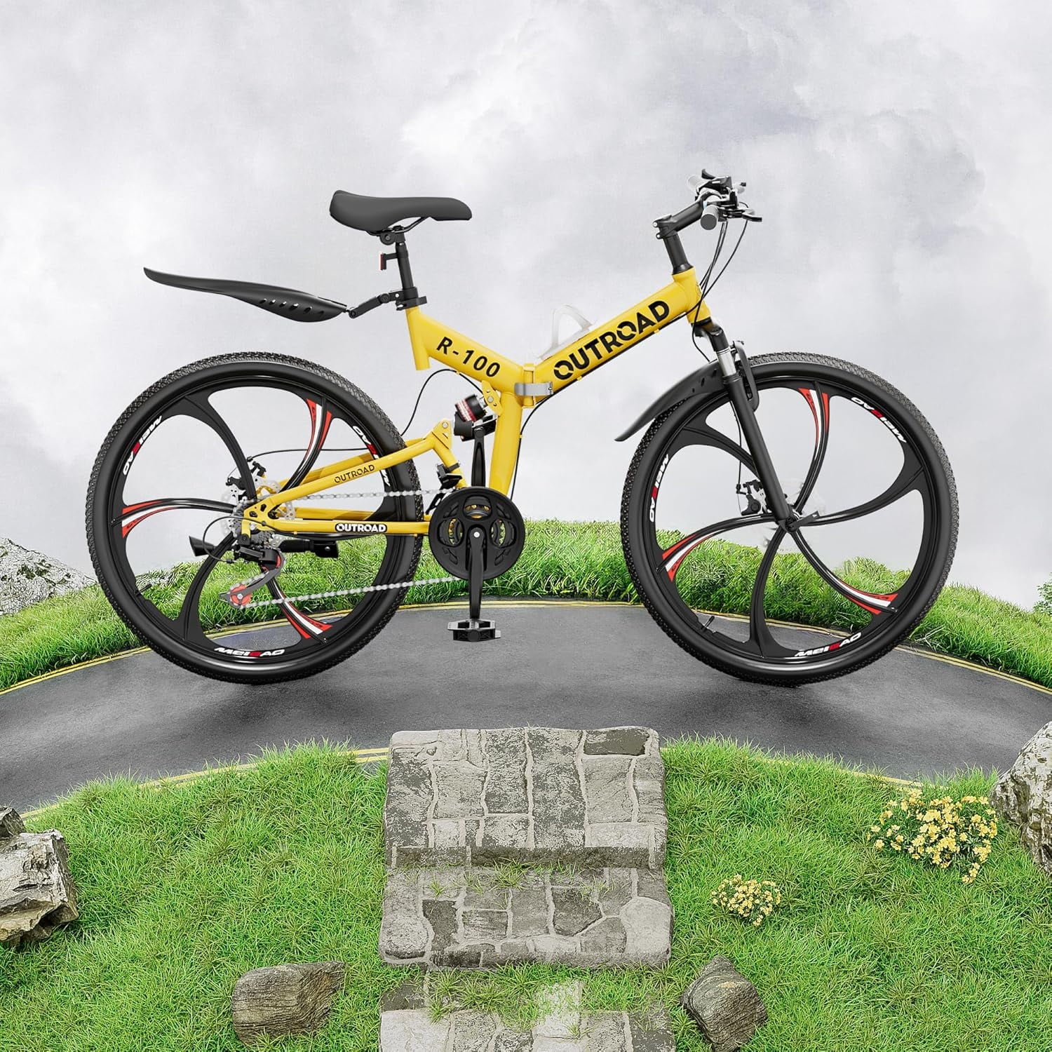 SUNCROWN 26 Inch Folding Mountain Bike, 21 Speed Full Suspension High-Carbon Steel MTB Foldable Bicycle, Dual Disc Brake Non-Slip Folding Bikes for Adults/Men/Women, Black