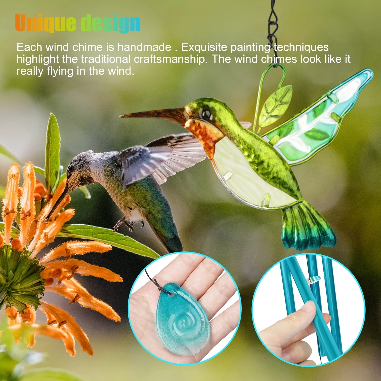 Hummingbird Wind Chimes, Eeekit Hummingbird Metal Tubes Wind Chime Bell Waterproof Wall Hanging Ornament Wind Chimes for Outdoor Indoor Gardening Yard Pathway Decoration