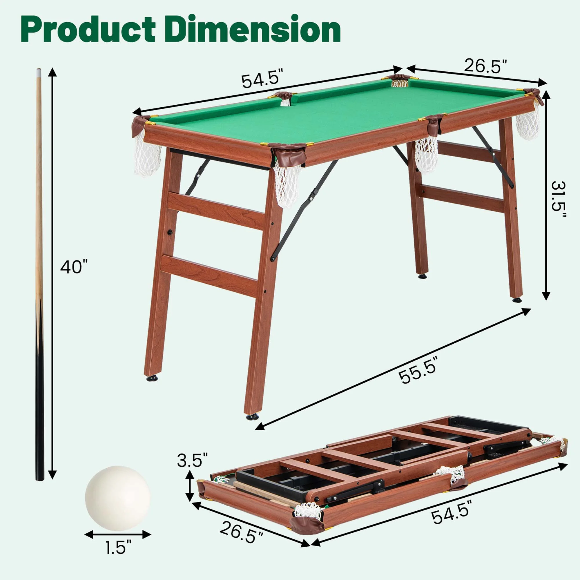 Costway Folding Pool Table Set with Foldable Legs Adjustable Foot Levelers 2 Cues 2 Chalks