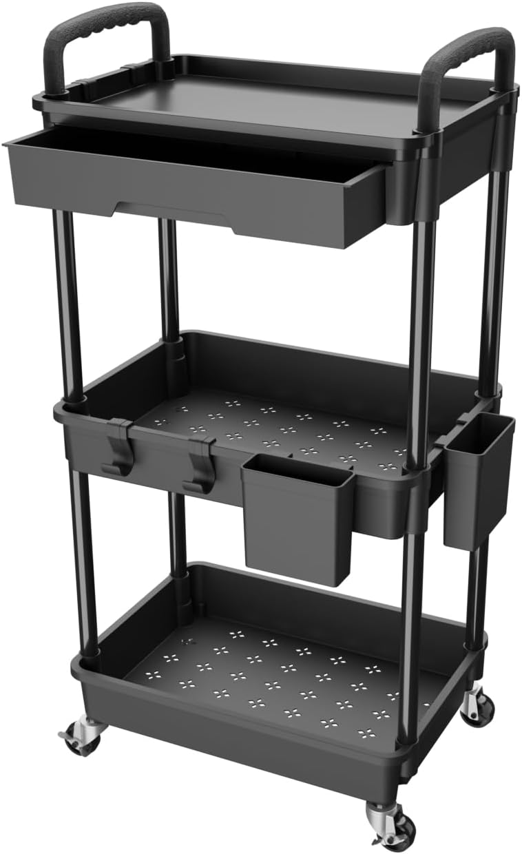 3 Tier Rolling Utility Cart with Drawer, REBECAT Utility Cart Made of Multifunctional Storage Organizer Tool for Kitchen, Bathroom, Living Room, Office (Black)