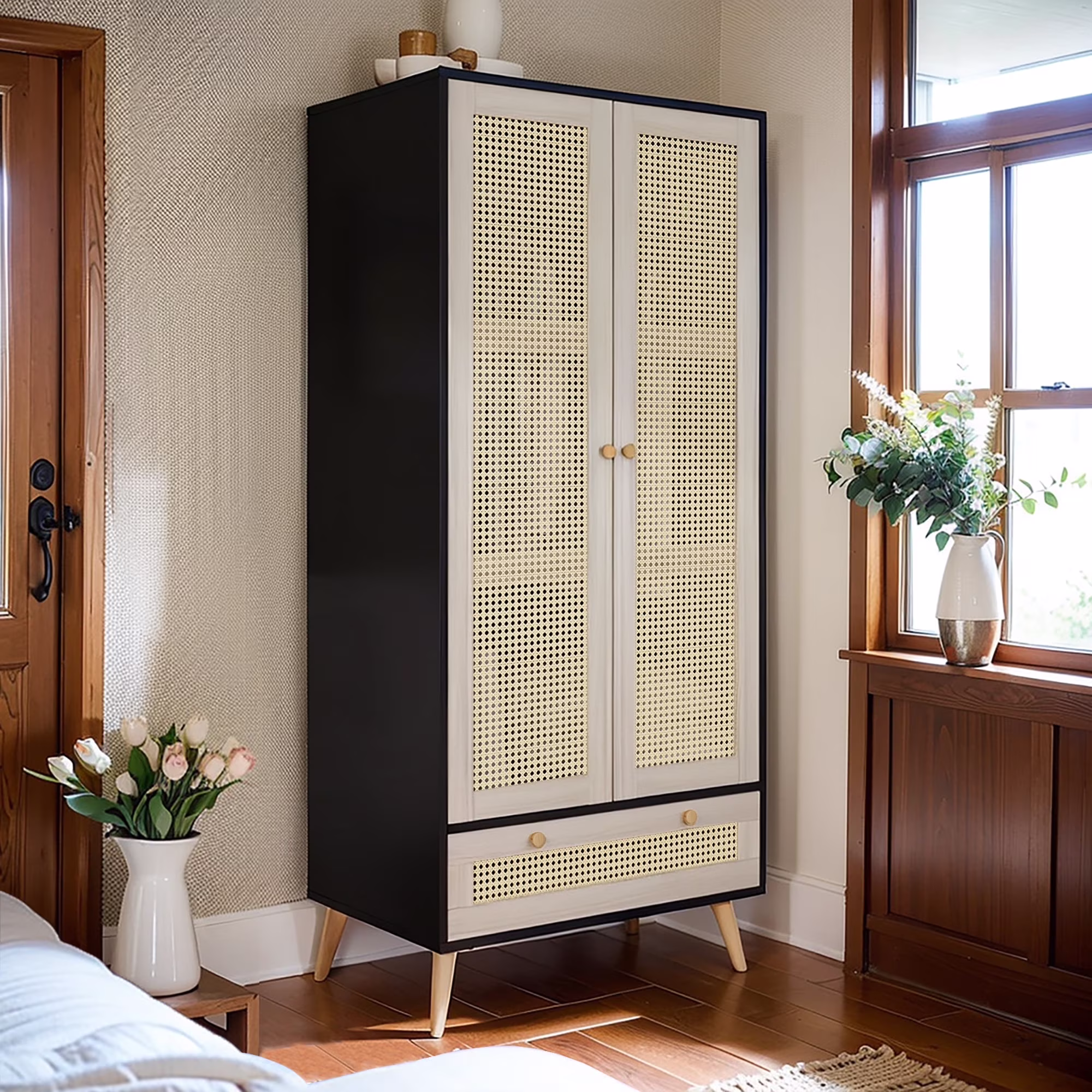 GOMYHOME - Accent Cabinet with Rattan Doors & Drawer, Modern Storage Armoire for Living Room, Bedroom, Natural Wood Finish