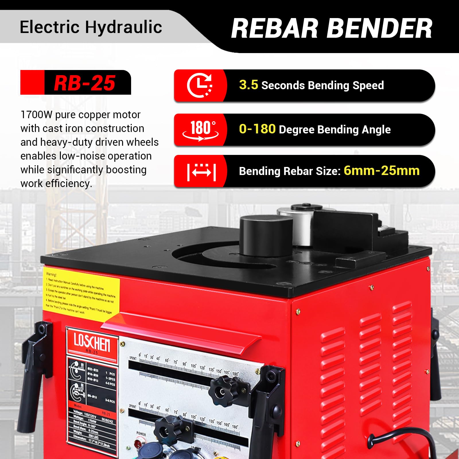Electric Hydraulic Rebar Bender,Bending Angle 0-180 Degrees,Bending up to 1 Inch #8 6-25mm Rebar,with Foot Pedal,Bending Rebar, Steel Bar, Steel Rod,1700W Desktop Electric Rebar Bender