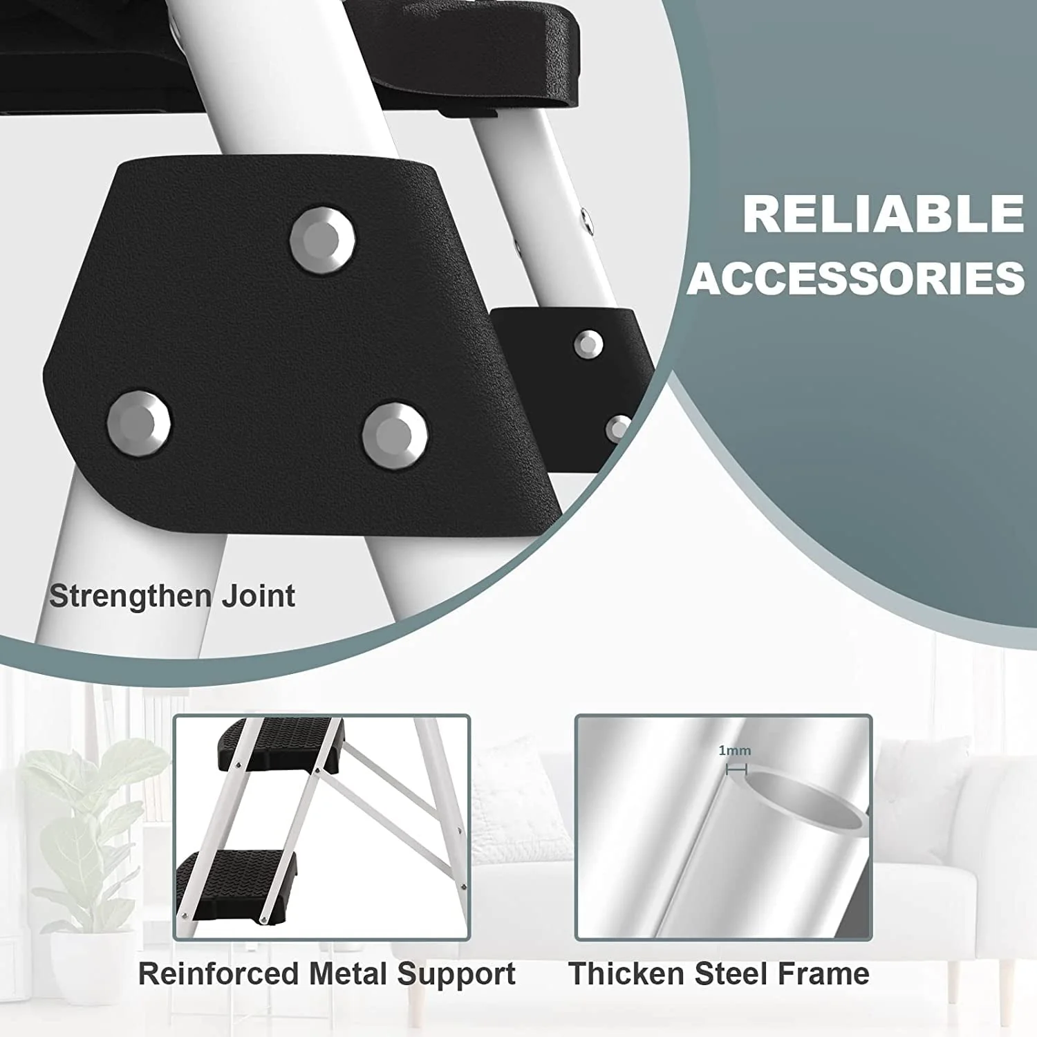 Folding 5-Step Ladder, 330lbs, with Handrails and Tool Tray and Anti-Slip Pedal, White - Image 5