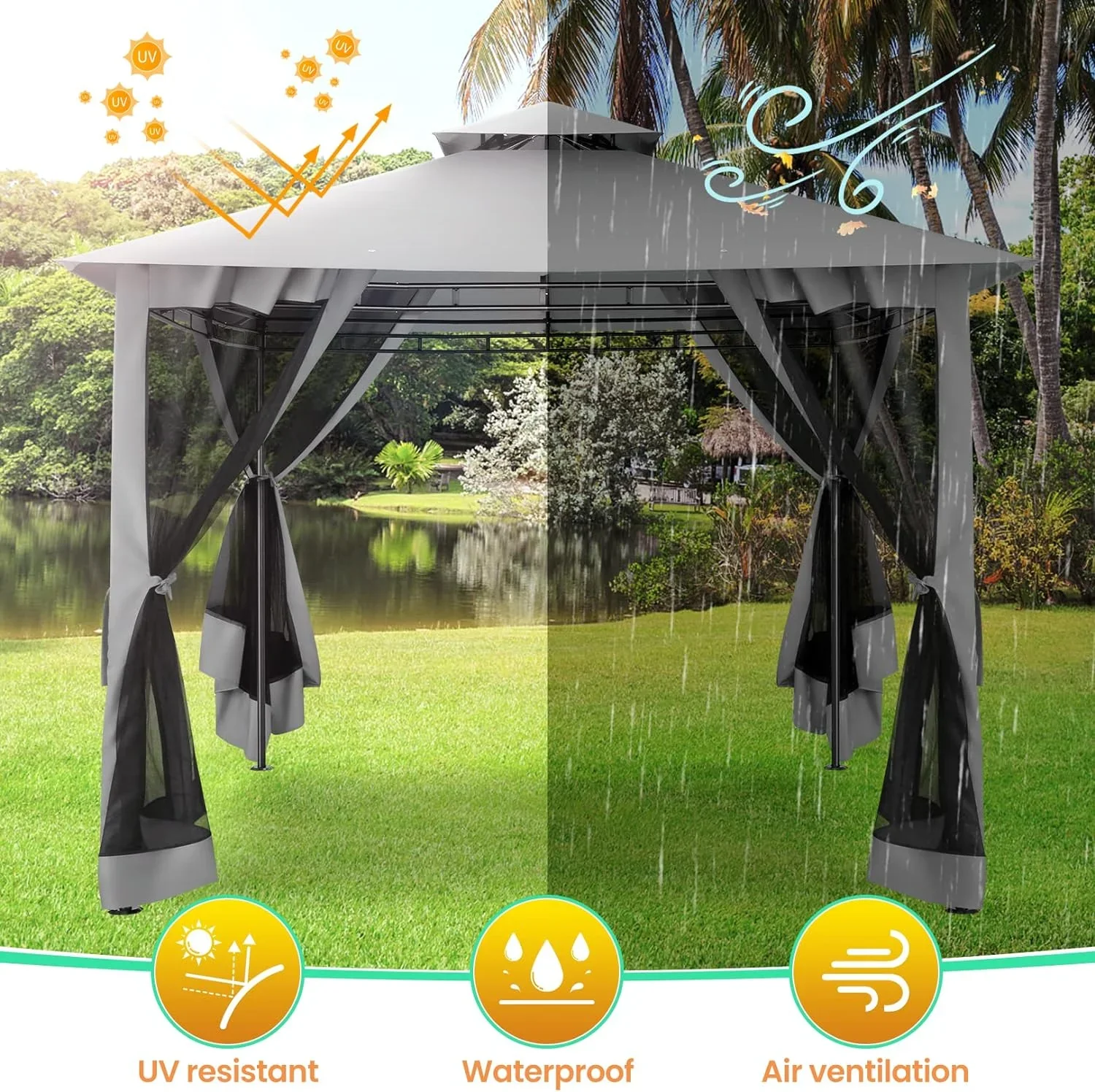SANOPY 10'x10' Canopy Gazebo, Assembled Style Wrought Iron Gazebo Tent Can Accommodate 6-10 People with 4 Detachable Mosquito Net Side Walls for Garden, Yard, Beach