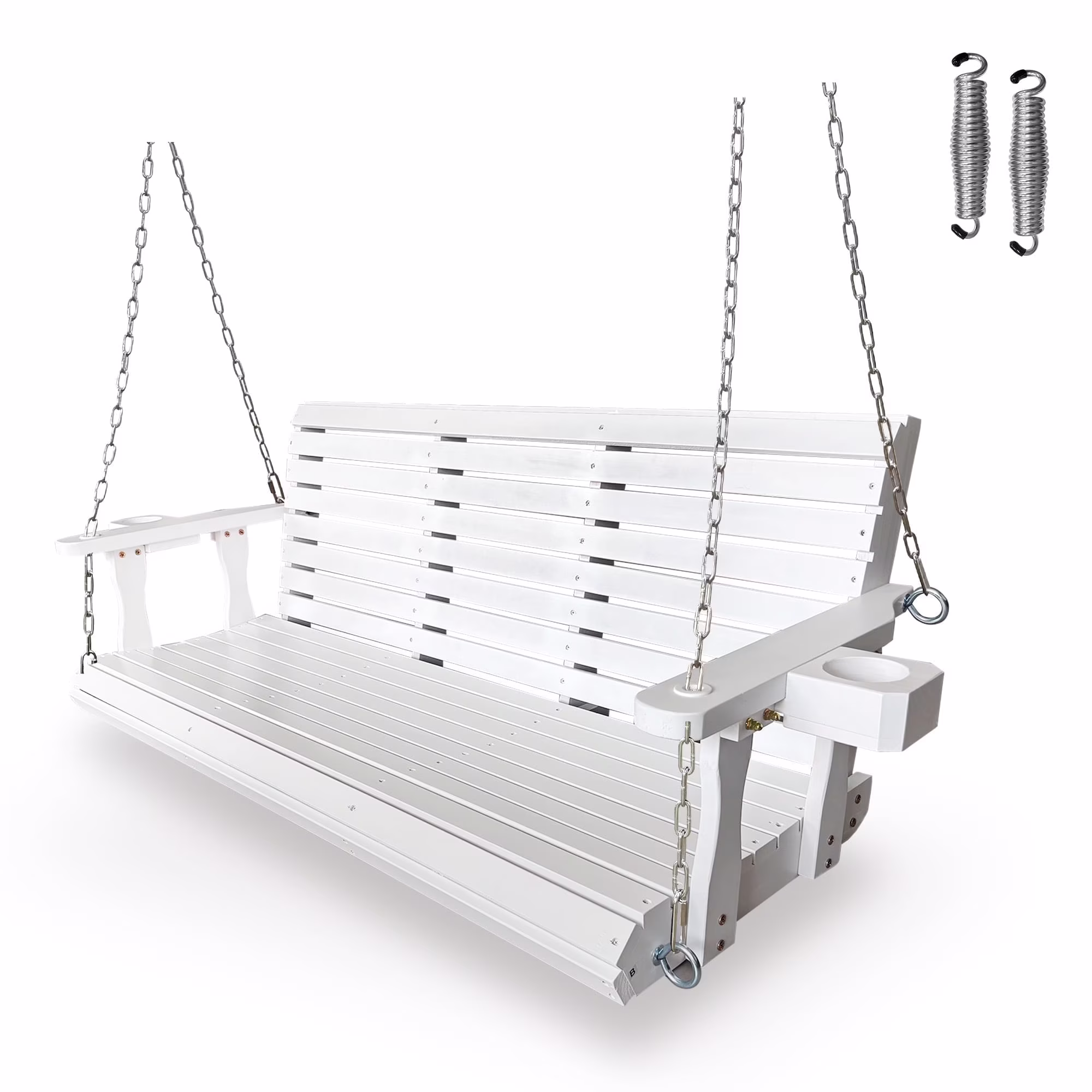 Innovaze 5 Ft Outdoor Wooden Porch Swing with Cupholders, Heavy Duty 880 lb for 3 Person, All - Weather Resistant, White