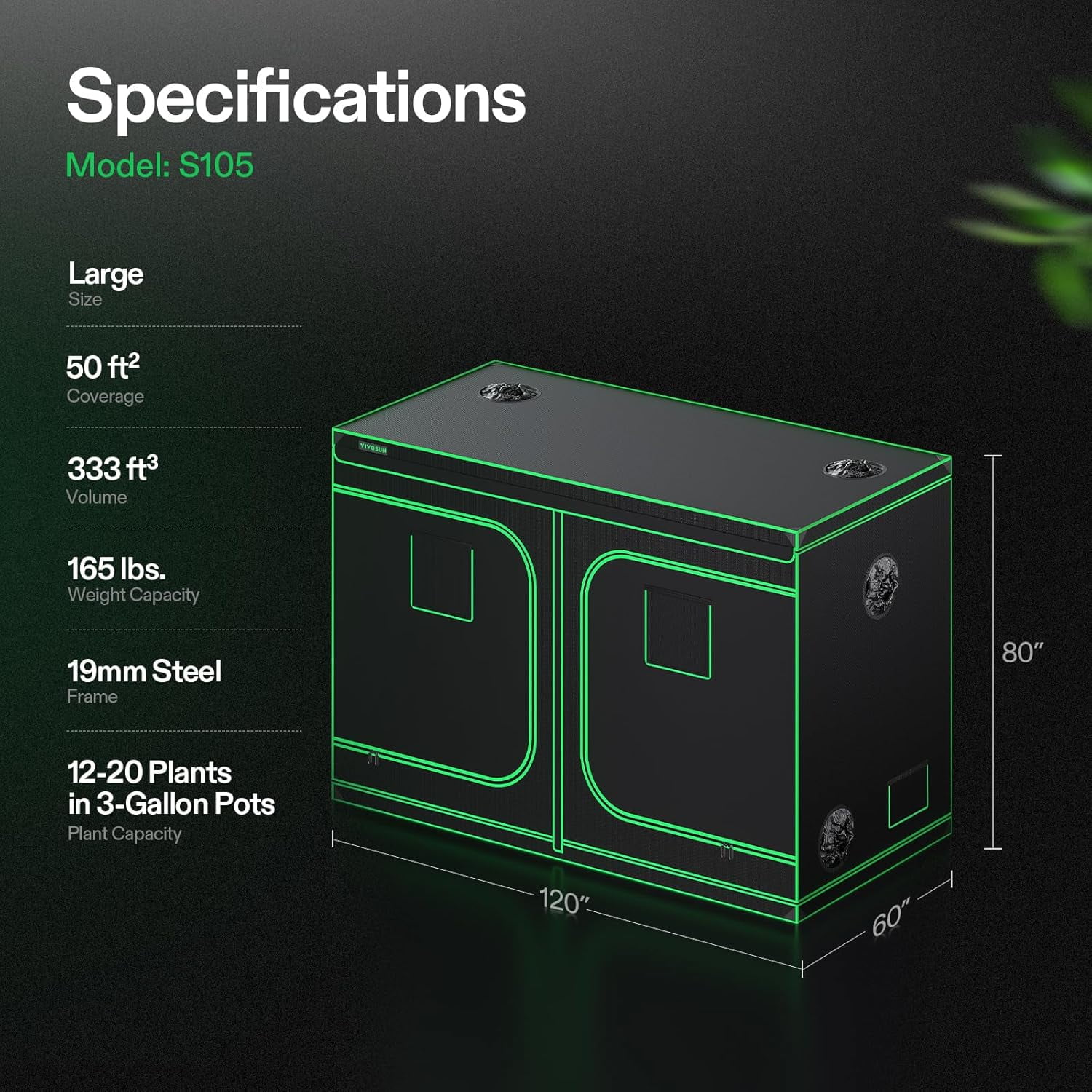 S105 10x5 Grow Tent, 120"x60"x80" High Reflective Mylar with Observation Window and Floor Tray for Hydroponics Indoor Plant for VSF6450 - Image 3