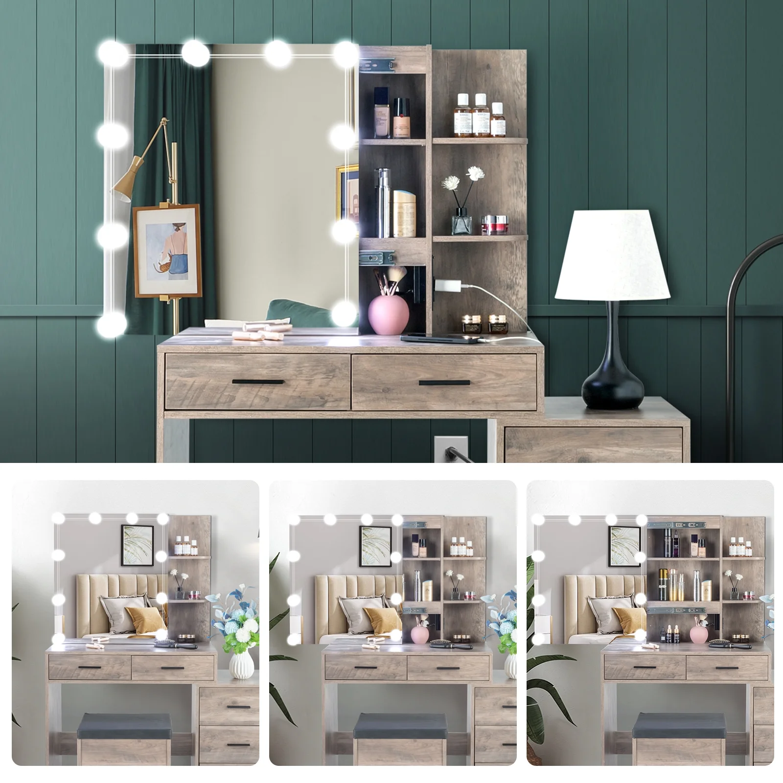 Vanity Set with 3 Color Lighted Mirror Charging Station, Makeup Table with 3 Storage Shelves Drawers, Dressing Table Makeup Desk with Stool,Retro Gray(Type1) - Image 8