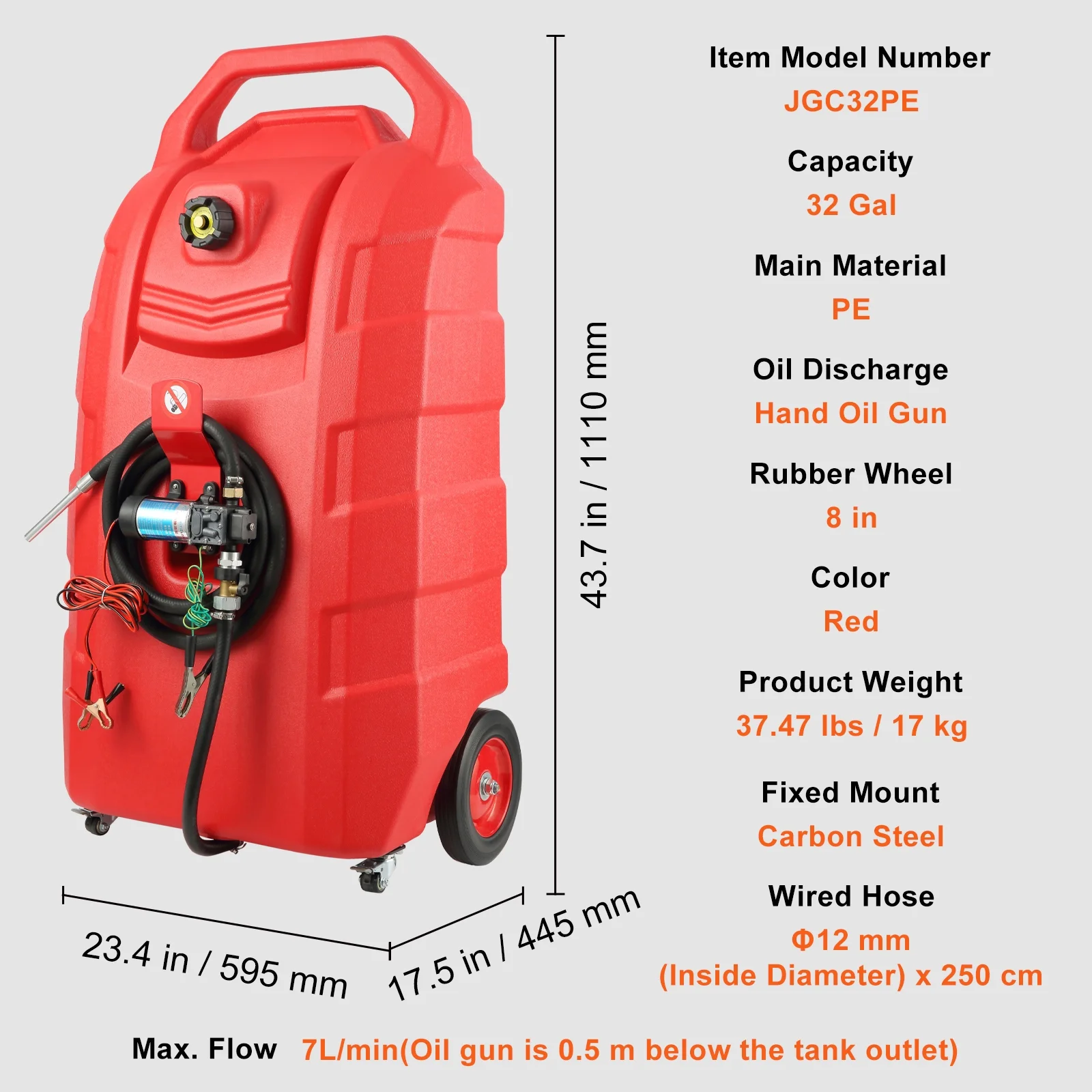 Fuel Carrier, 32 Gallon, Mobile Fuel Storage Unit On-Wheels, Equipped with 12V DC Transfer Pump, Gasoline Diesel Fuel Holder with 8.2 ft Hose, Flow Rate 7L/min, Suitable for Trucks, Boats - Image 3