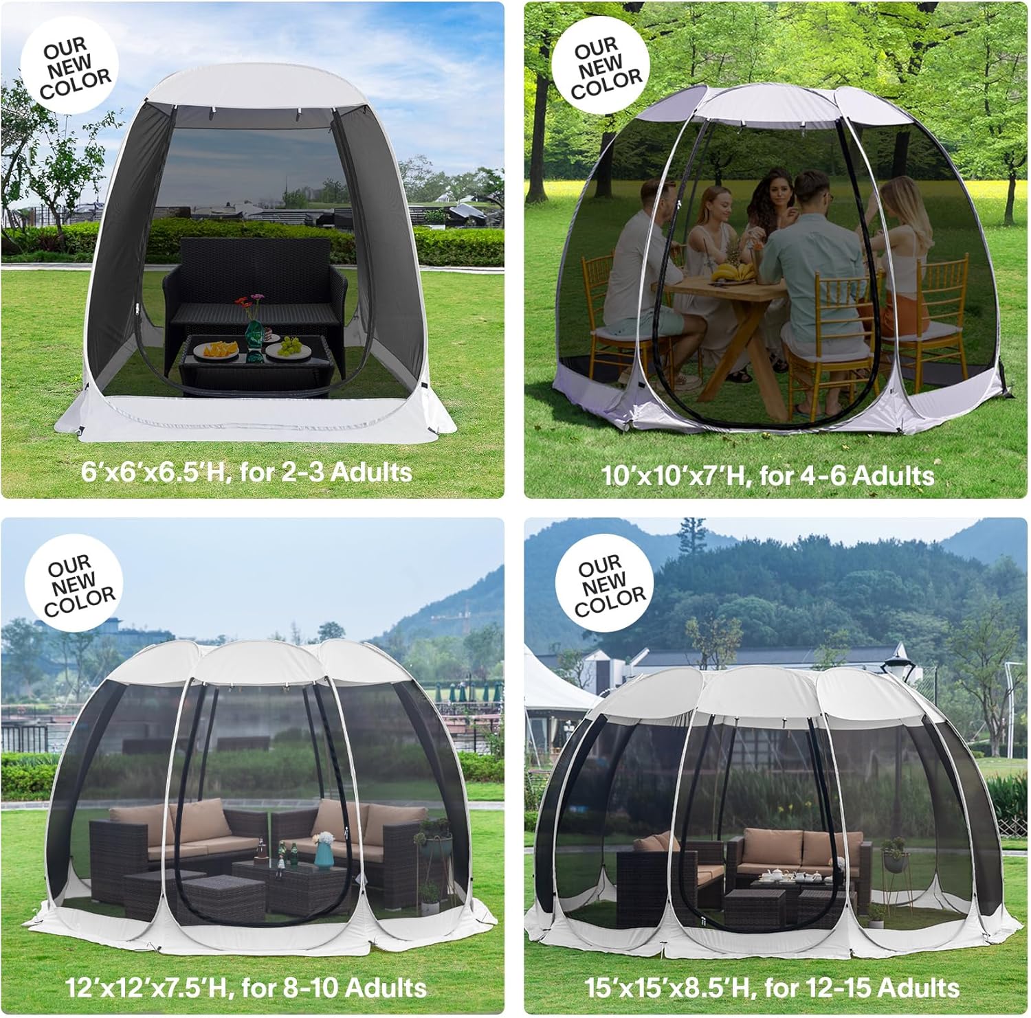 Gazebo moustiquaire pouvant accueillir 6, 10 ou 15 personnes. Tente de style igloo avec moustiquaire latérale. Idéal