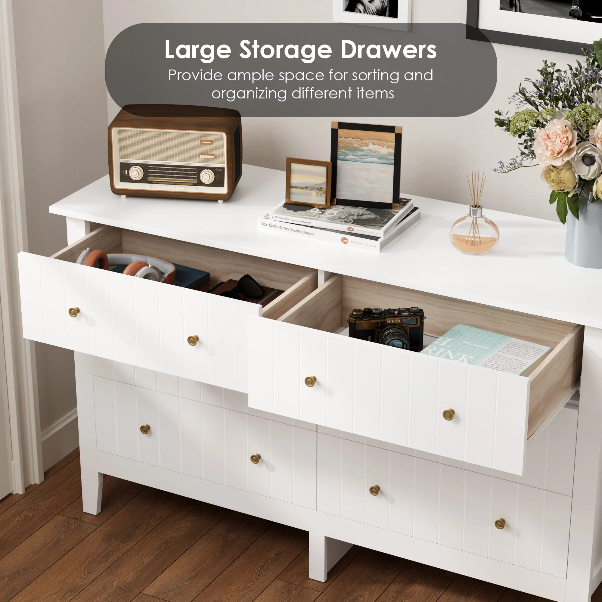 Homfa 6 Drawer Double White Dresser for Bedroom, Modern Wood Dresser Storage Cabinet for Living Room Image 4