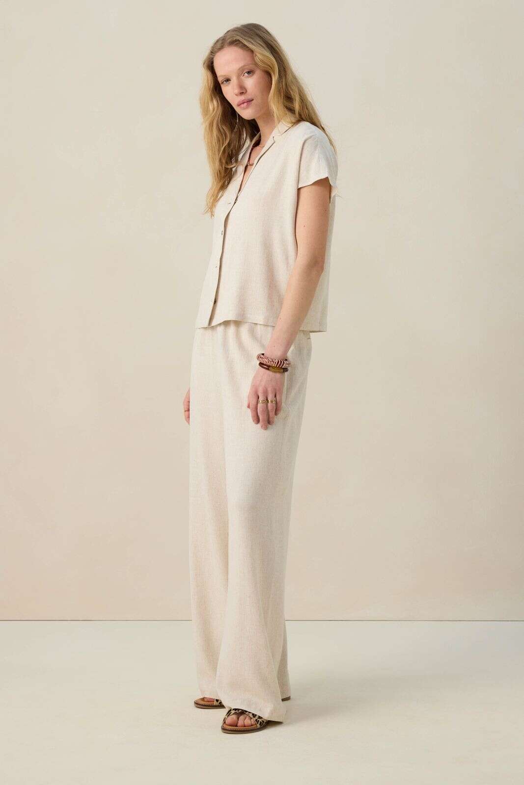 Beige linnen high waist wide leg broek