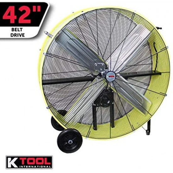 Ventilateur à tambour à entraînement par courroie K Tool International 42″; usage industriel, garage, atelier, 2 vitesses, robuste, protection contre les coupures, roues en caoutchouc pour une mobilité aisée; jaune de sécurité KTI77743
