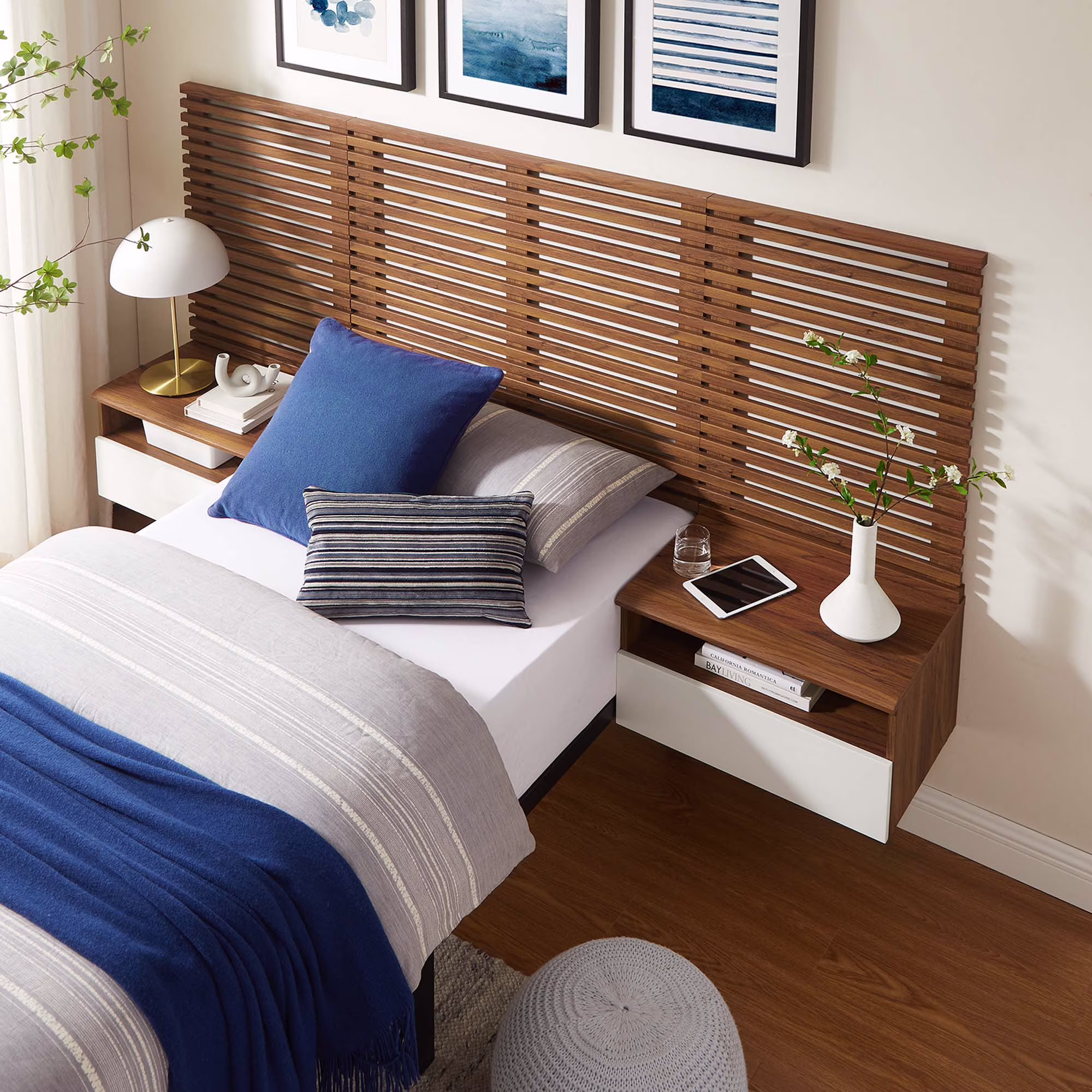 Render Wall Mount Queen Headboard and Modern Nightstands in Walnut(Queen/Brown) - Image 5