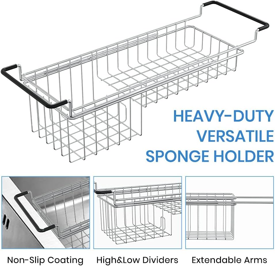 TreeLen Over The Kitchen Sink Caddy Sponge Holder Organizer Drying Rack Expandable for Sponge Brush Soap 13.8