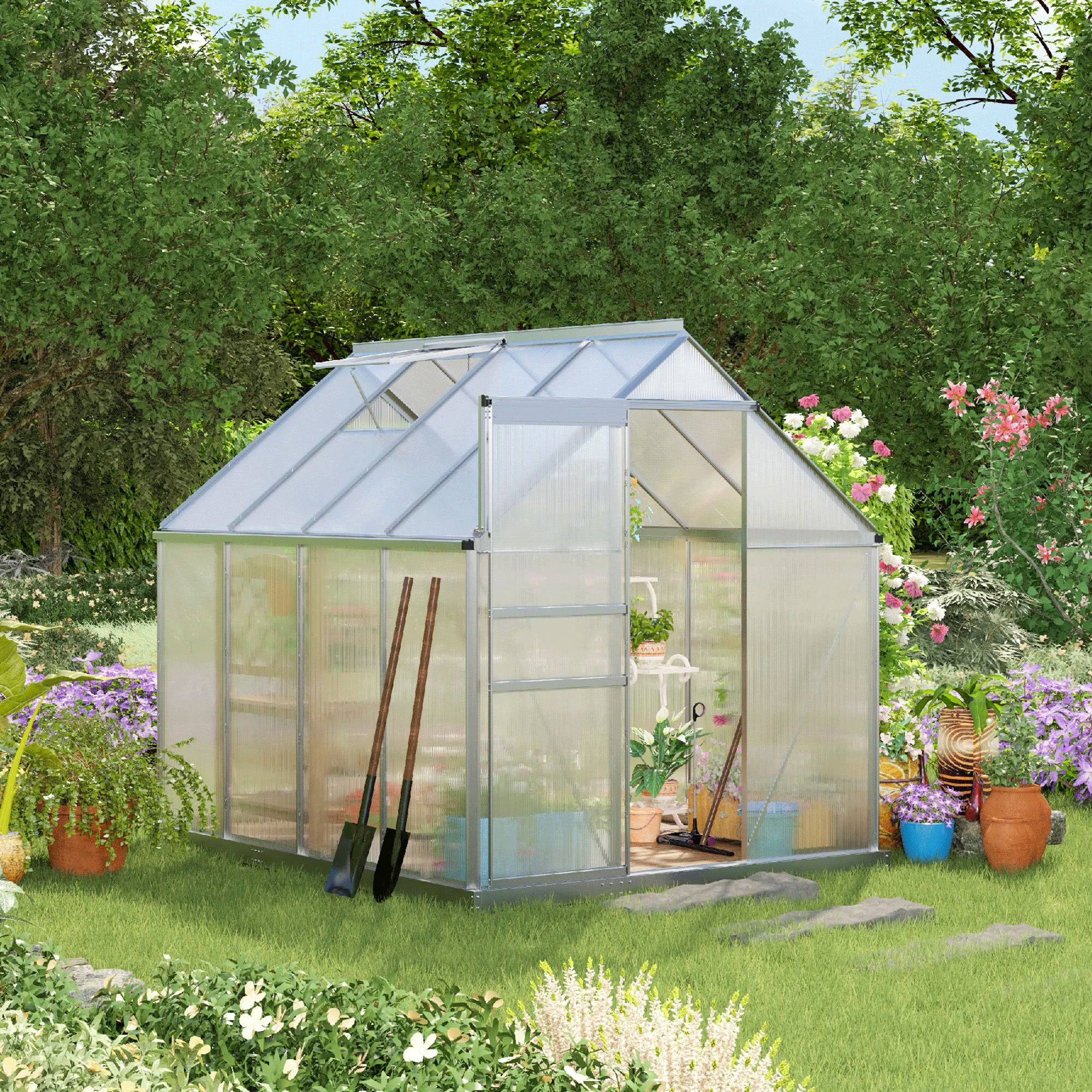 Outsunny 8' x 6' Aluminum Greenhouse Polycarbonate Walk-In Garden Greenhouse Kit with Adjustable Roof Vent, Rain Gutter and Sliding Door for Winter