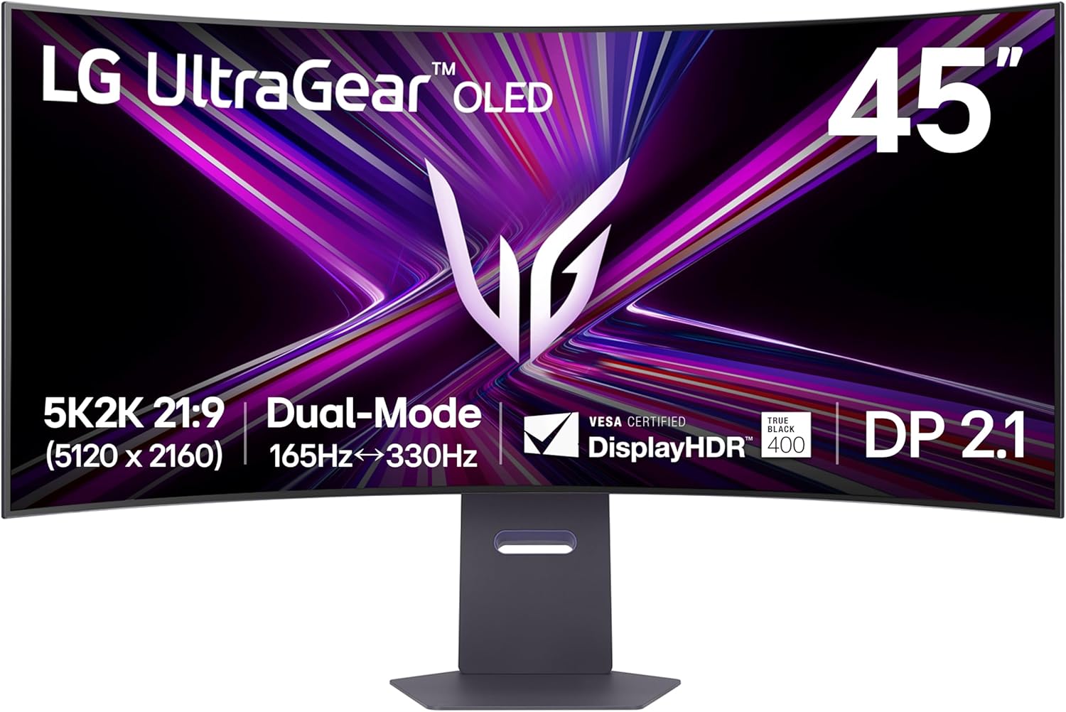 LG 45GX950A-B 45-inch Ultragear 5K2K WUHD (5120 x 2160) OLED Curved Gaming Monitor  Dual-Mode  165Hz  0.03ms  NVIDIA G-Sync  AMD FreeSync Premium Pro  HDR True Black 400  USB Type-C 90W  DP2.1
