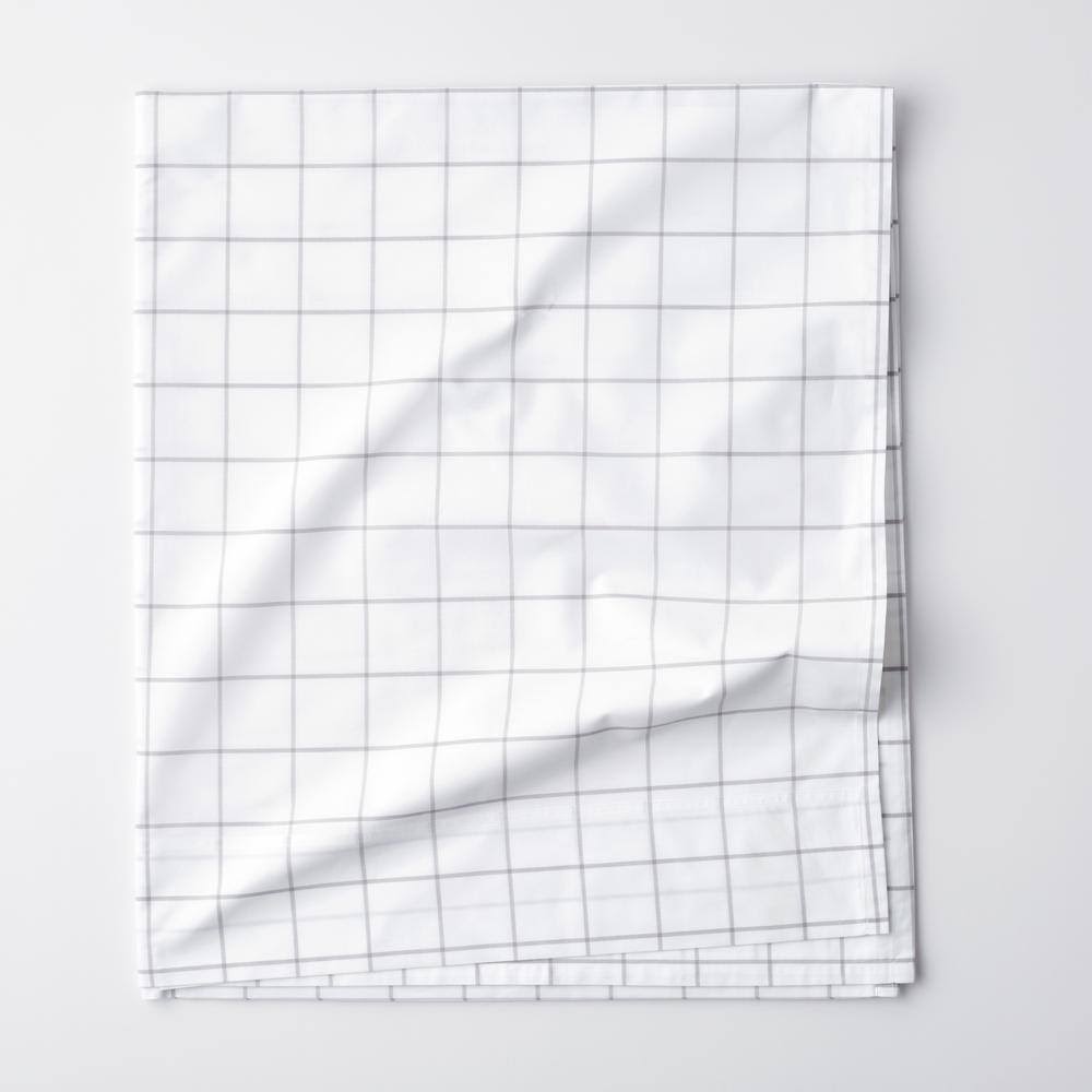The Company Store Block Plaid Gray 200 Thread Count Yarn-Dyed Cotton Percale Queen Flat Sheet